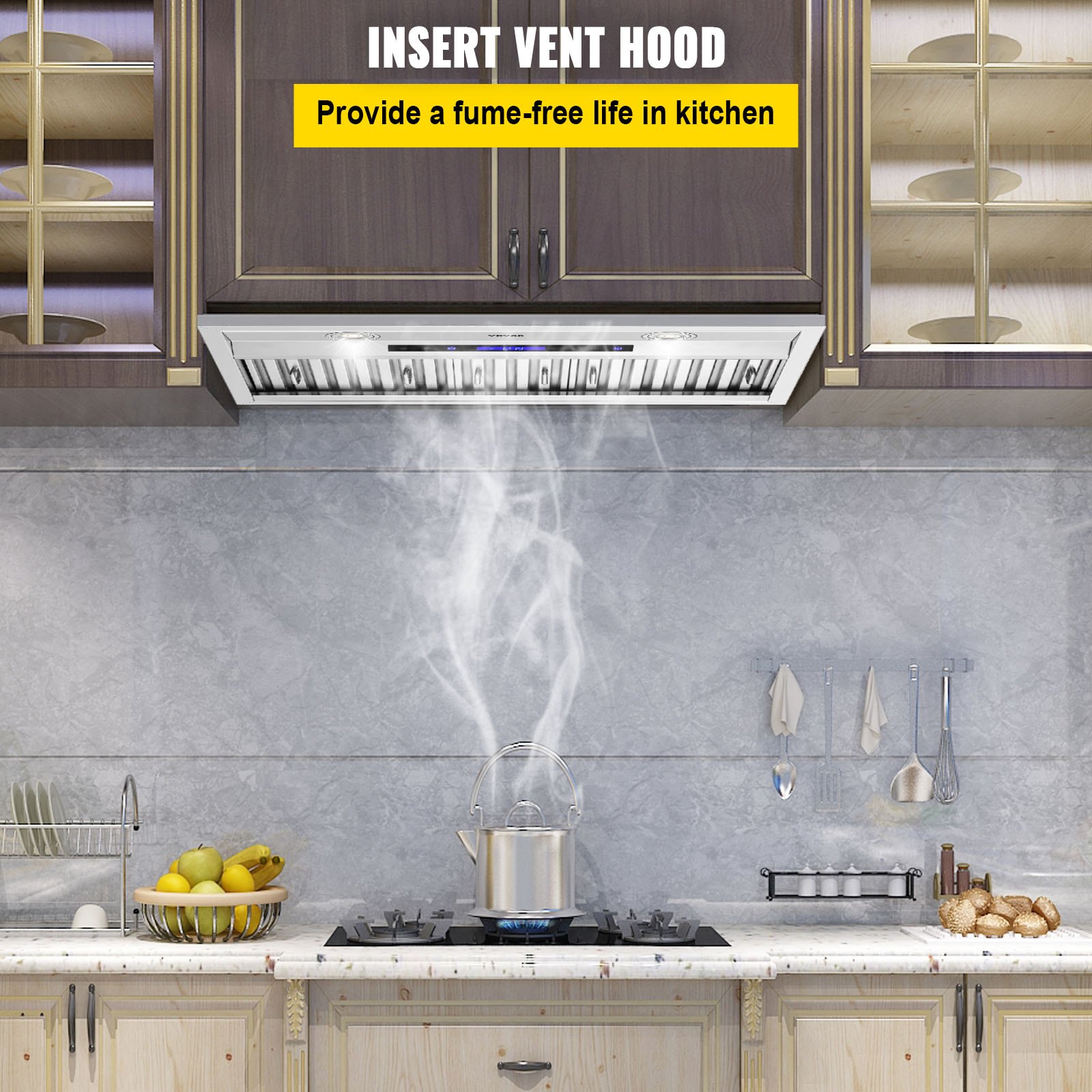 Cocina elegante con una campana extractora insertable VEVOR sobre una estufa moderna, que expulsa vapor de una olla hirviendo.