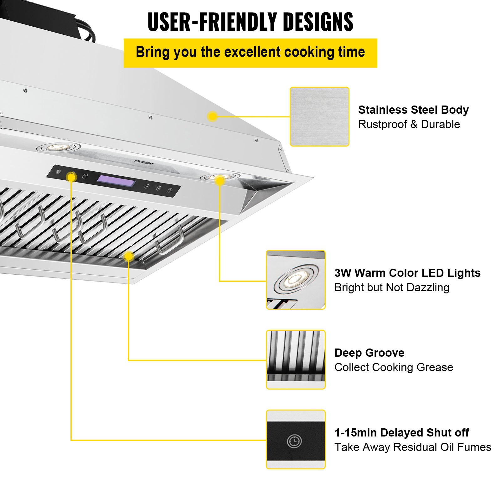 La campana extractora insertable VEVOR cuenta con cuerpo de acero inoxidable, luces LED, ranura profunda y apagado retardado.