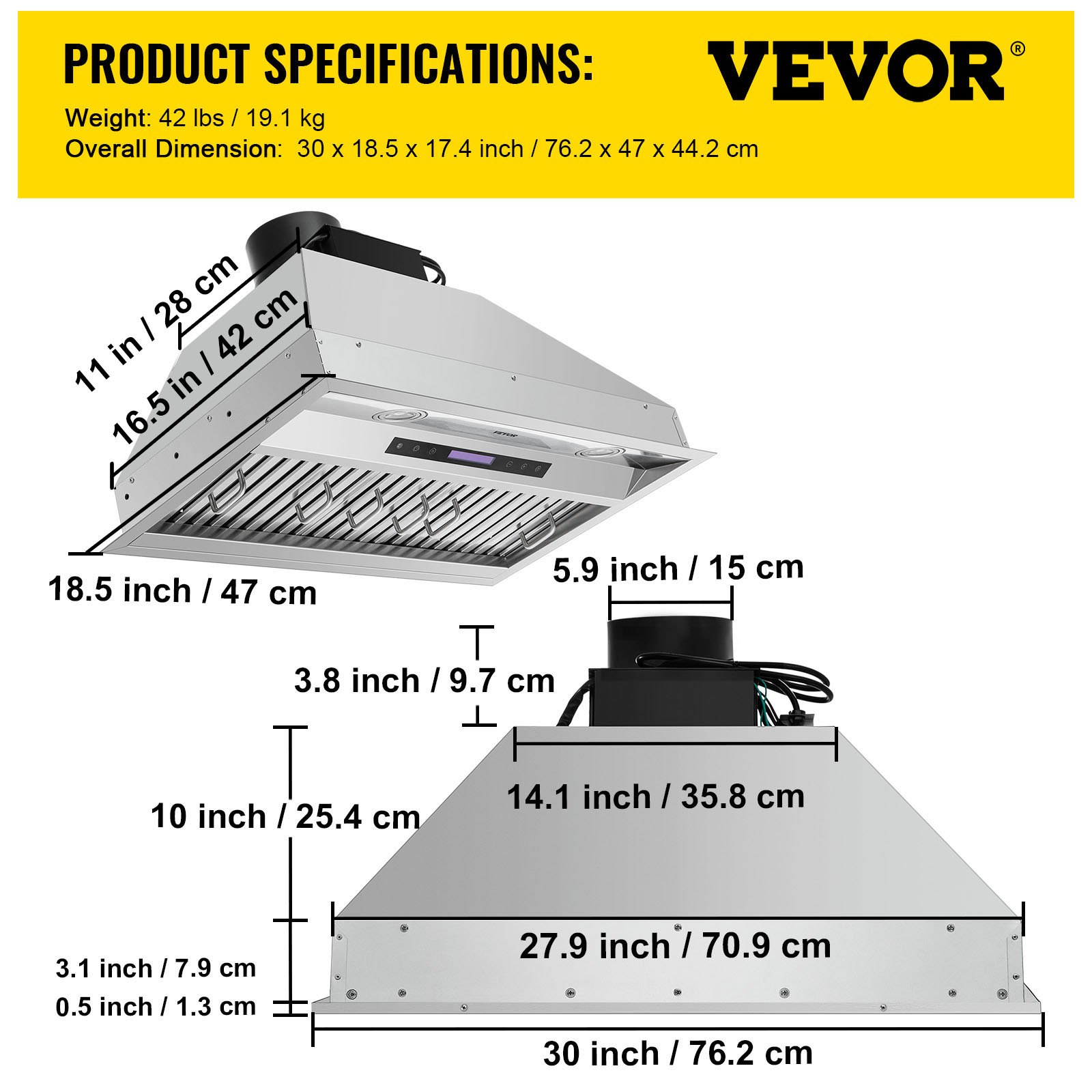 Campana extractora insertable VEVOR con dimensiones, peso y especificaciones del producto en un diagrama.
