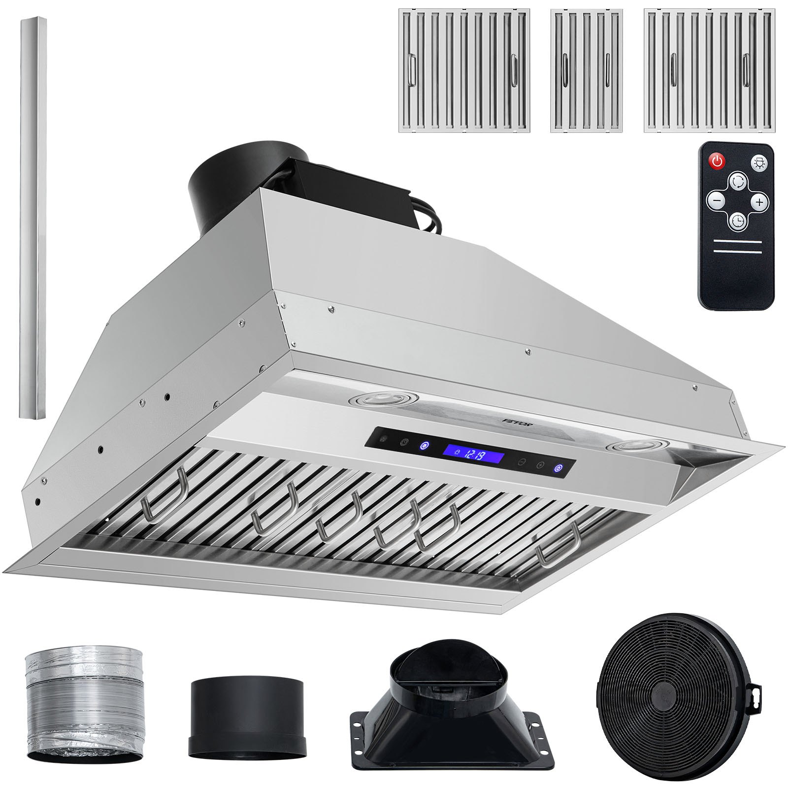 Campana extractora insertable VEVOR con acabado en acero inoxidable, pantalla digital, filtros, control remoto y accesorios para conductos.