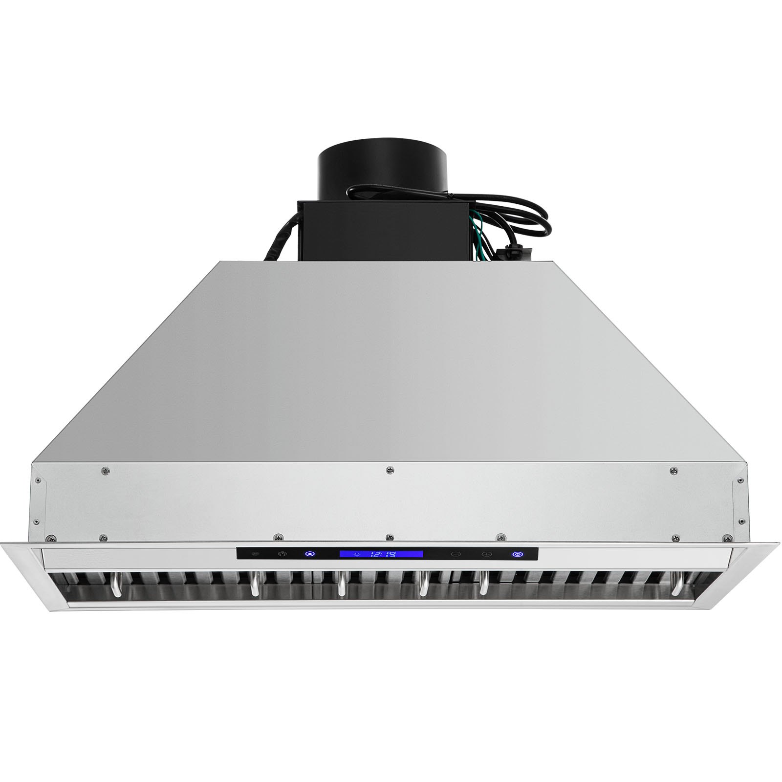 Campana extractora insertable VEVOR con acabado en acero inoxidable y panel de control digital.