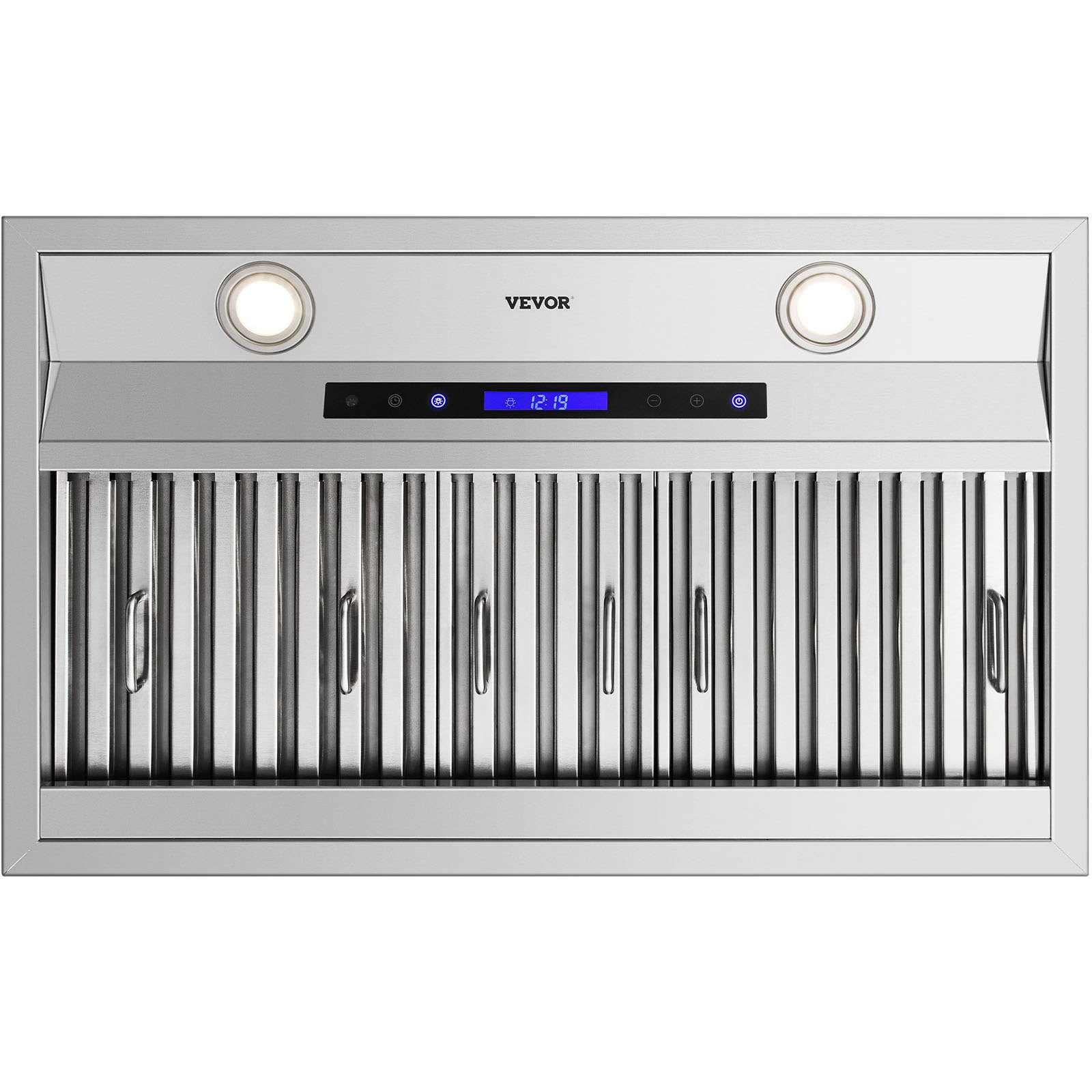 Campana extractora insertable VEVOR con luces duales, controles táctiles y filtros de acero inoxidable.