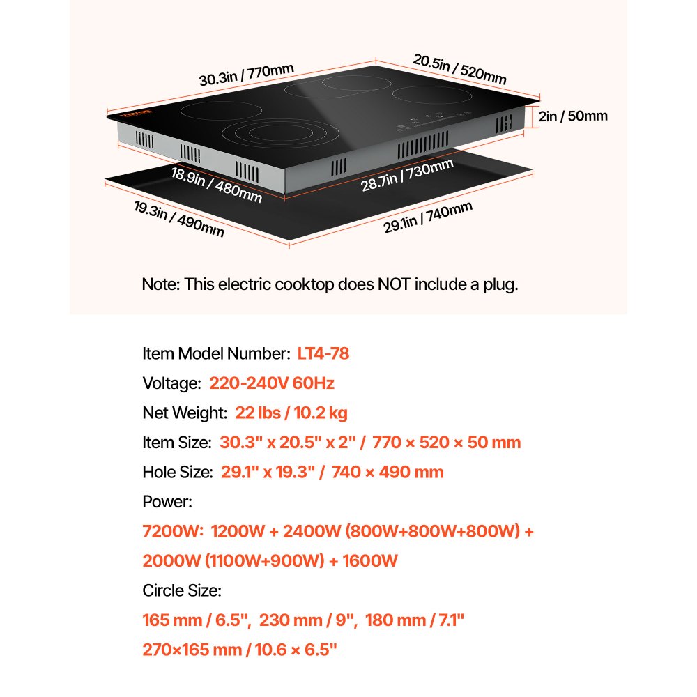 VEVOR Estufa eléctrica integrada, 30.3 x 20.5 pulgadas, 4 quemadores, estufa radiante de vidrio de 240 V con control táctil de sensor, temporizador y bloqueo para niños incluidos, 9 niveles de potencia para cocinar a fuego lento y freír