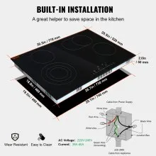 VEVOR Estufa eléctrica integrada, 30.3 x 20.5 pulgadas, 4 quemadores, estufa radiante de vidrio de 240 V con control táctil de sensor, temporizador y bloqueo para niños incluidos, 9 niveles de potencia para cocinar a fuego lento y freír
