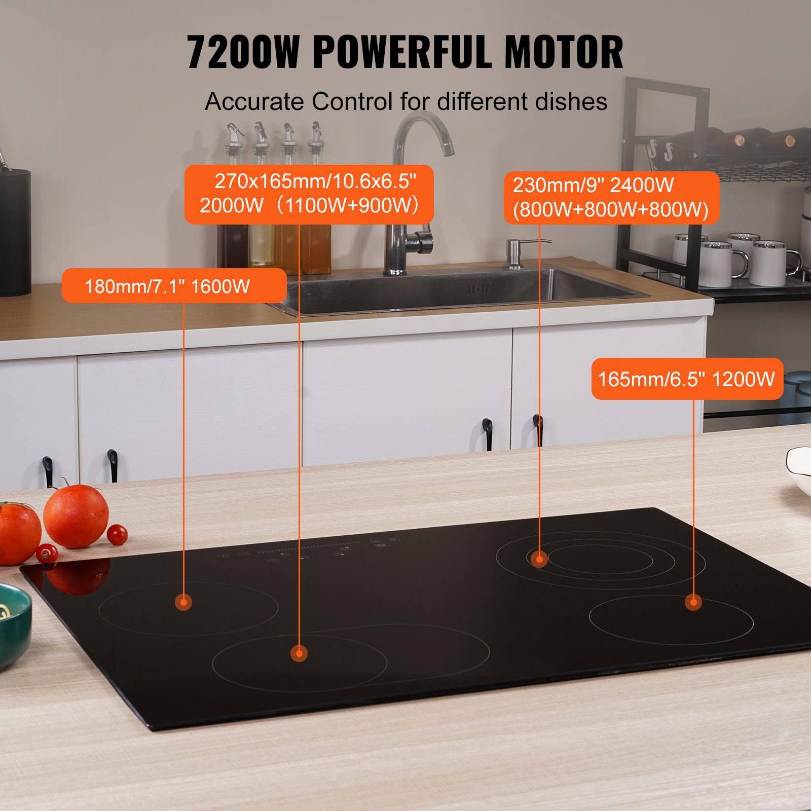 VEVOR Estufa eléctrica integrada, 30.3 x 20.5 pulgadas, 4 quemadores, estufa radiante de vidrio de 240 V con control táctil de sensor, temporizador y bloqueo para niños incluidos, 9 niveles de potencia para cocinar a fuego lento y freír