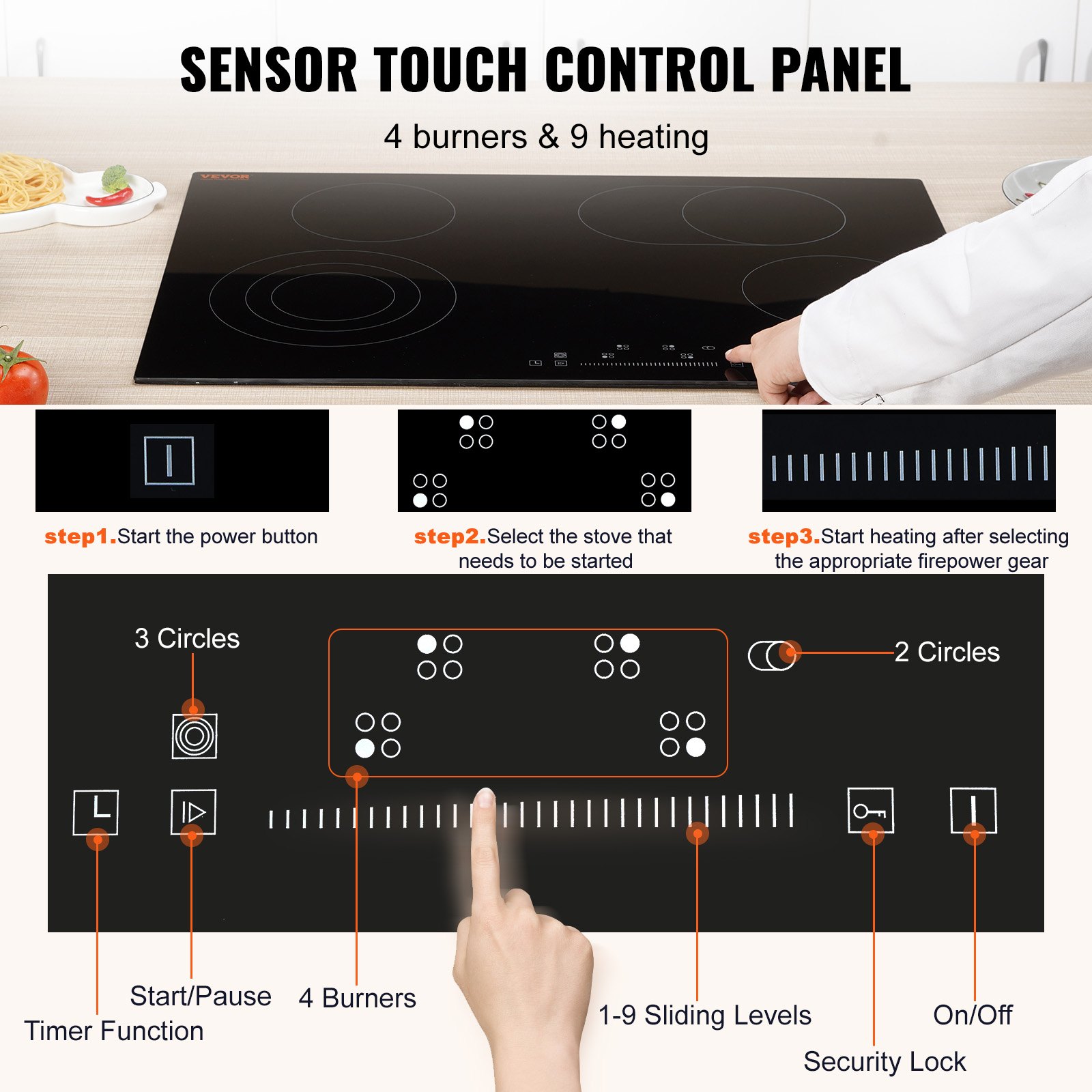 VEVOR Estufa eléctrica integrada, 30.3 x 20.5 pulgadas, 4 quemadores, estufa radiante de vidrio de 240 V con control táctil de sensor, temporizador y bloqueo para niños incluidos, 9 niveles de potencia para cocinar a fuego lento y freír