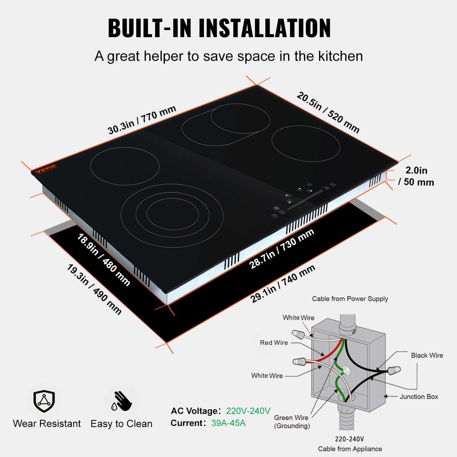VEVOR Estufa eléctrica integrada, 30.3 x 20.5 pulgadas, 4 quemadores, estufa radiante de vidrio de 240 V con control táctil de sensor, temporizador y bloqueo para niños incluidos, 9 niveles de potencia para cocinar a fuego lento y freír