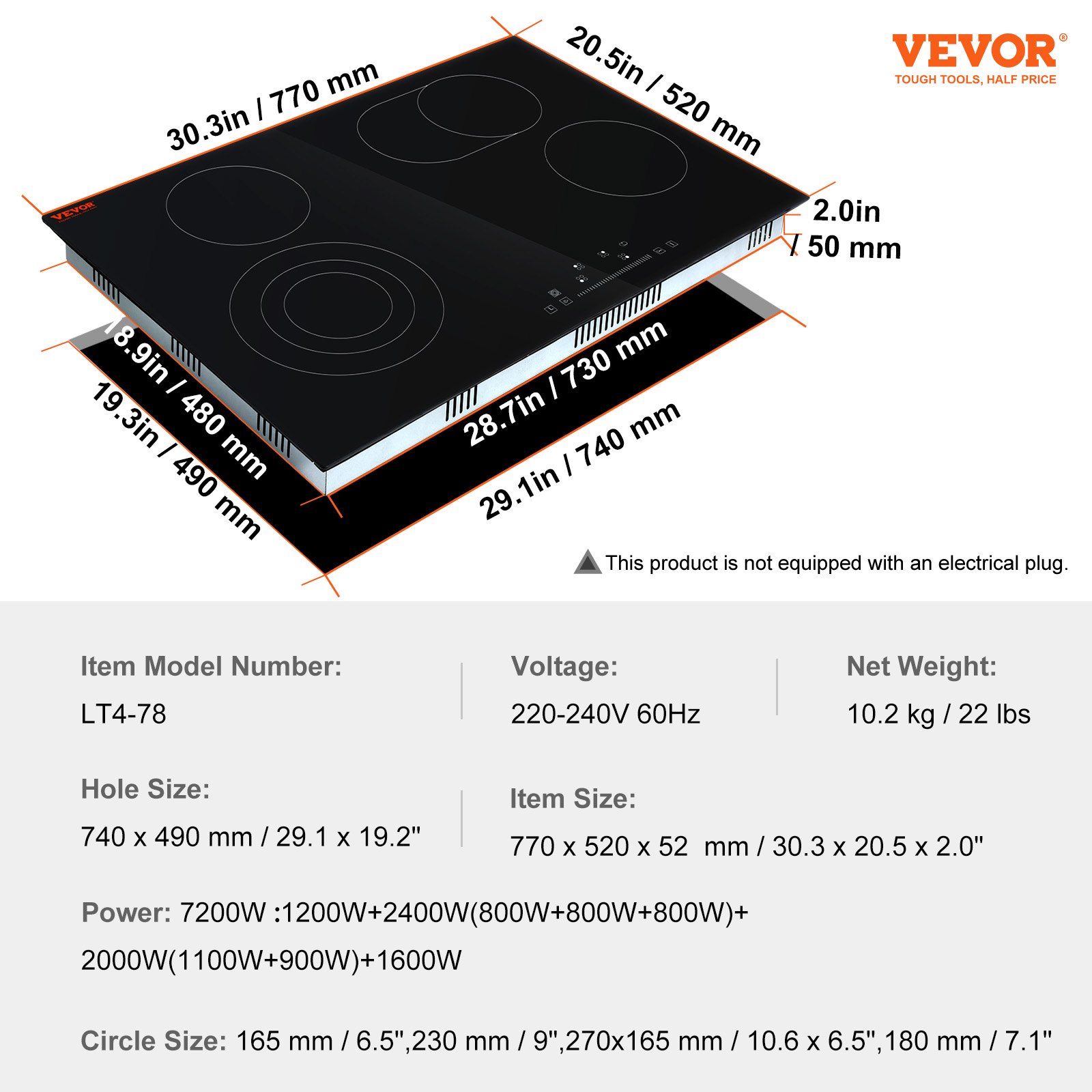 VEVOR Estufa eléctrica integrada, 30.3 x 20.5 pulgadas, 4 quemadores, estufa radiante de vidrio de 240 V con control táctil de sensor, temporizador y bloqueo para niños incluidos, 9 niveles de potencia para cocinar a fuego lento y freír