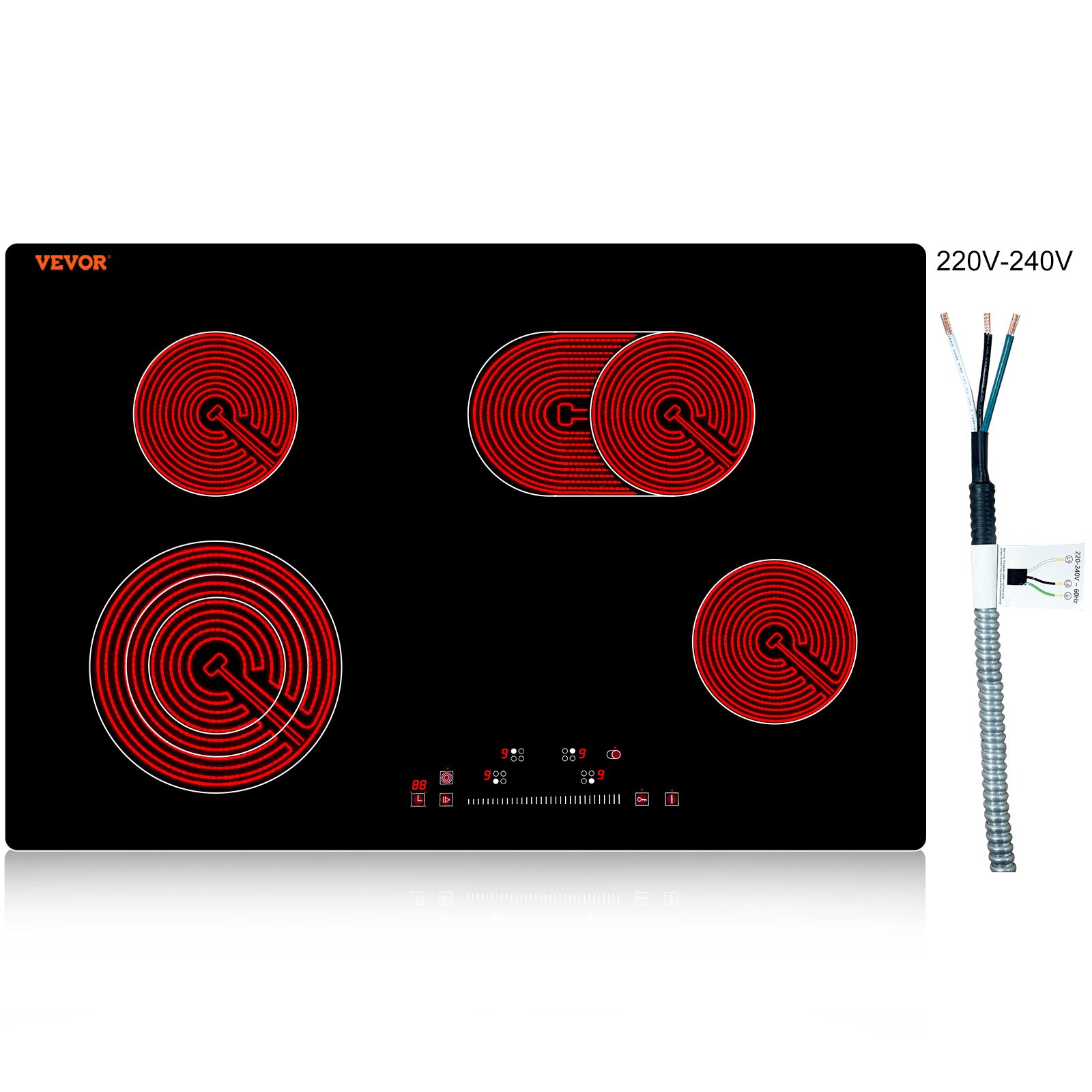 VEVOR Estufa eléctrica integrada, 30.3 x 20.5 pulgadas, 4 quemadores, estufa radiante de vidrio de 240 V con control táctil de sensor, temporizador y bloqueo para niños incluidos, 9 niveles de potencia para cocinar a fuego lento y freír