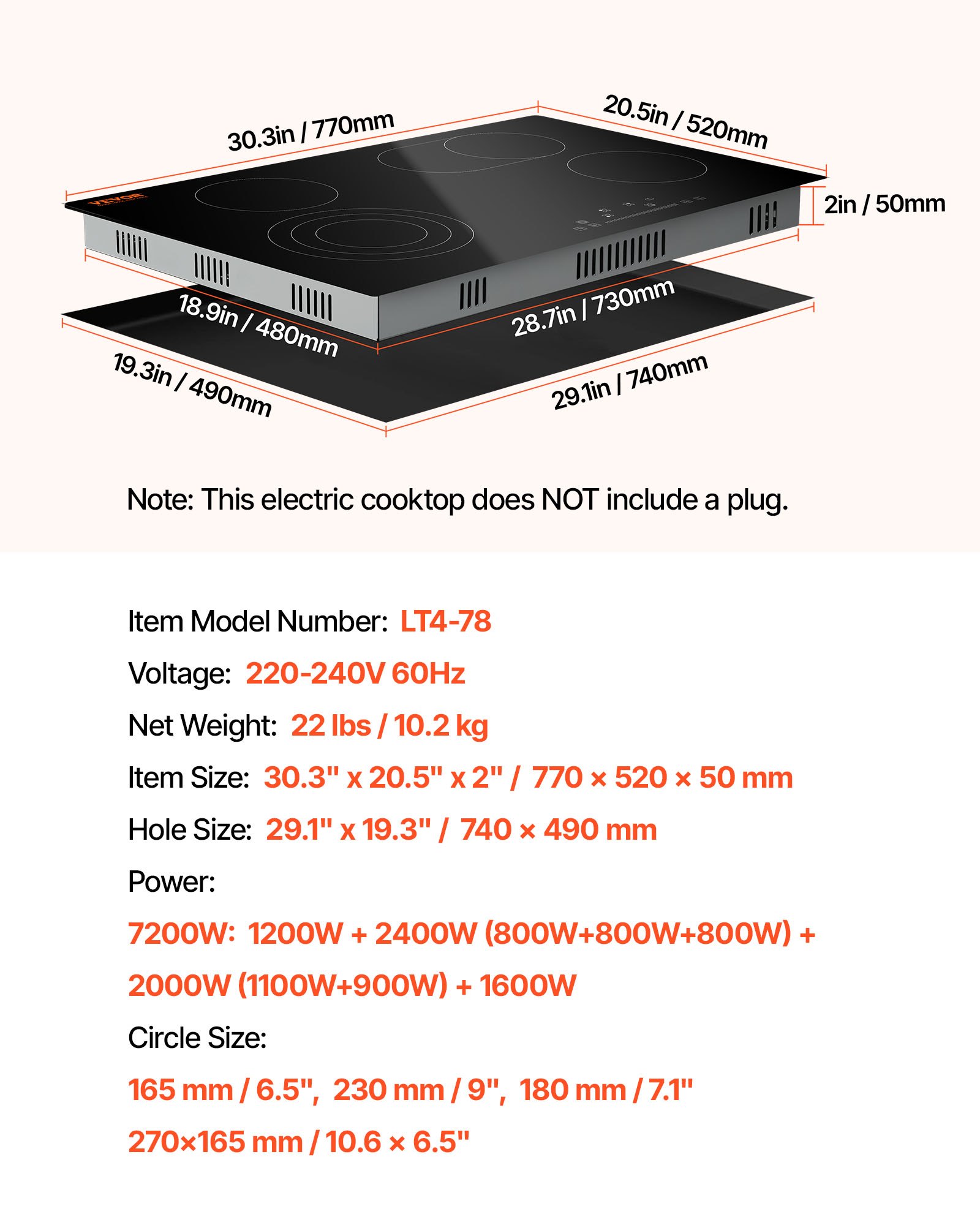 VEVOR Estufa eléctrica integrada, 30.3 x 20.5 pulgadas, 4 quemadores, estufa radiante de vidrio de 240 V con control táctil de sensor, temporizador y bloqueo para niños incluidos, 9 niveles de potencia para cocinar a fuego lento y freír