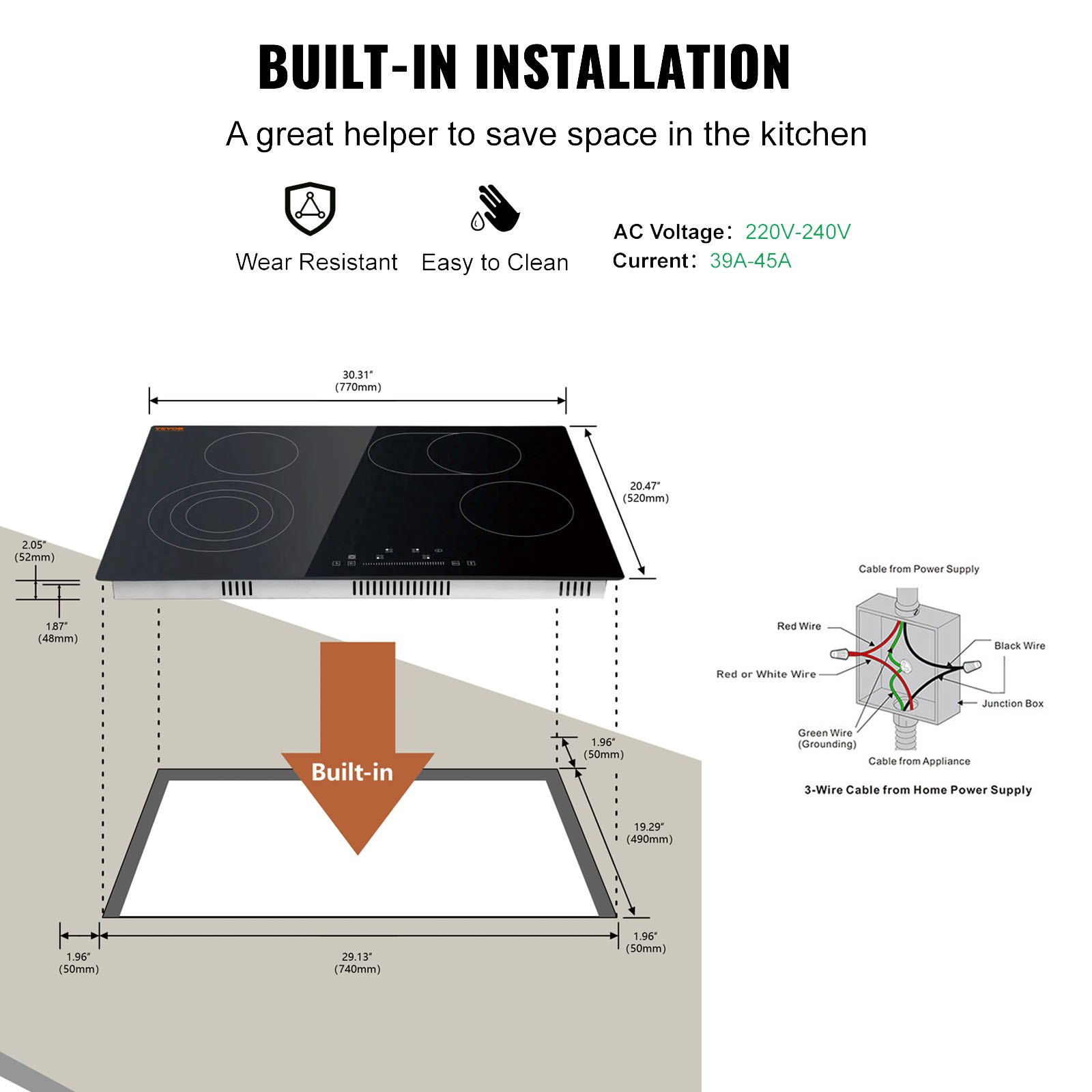 VEVOR Estufa eléctrica integrada, 30.3 x 20.5 pulgadas, 4 quemadores, estufa radiante de vidrio de 240 V con control táctil de sensor, temporizador y bloqueo para niños incluidos, 9 niveles de potencia para cocinar a fuego lento y freír
