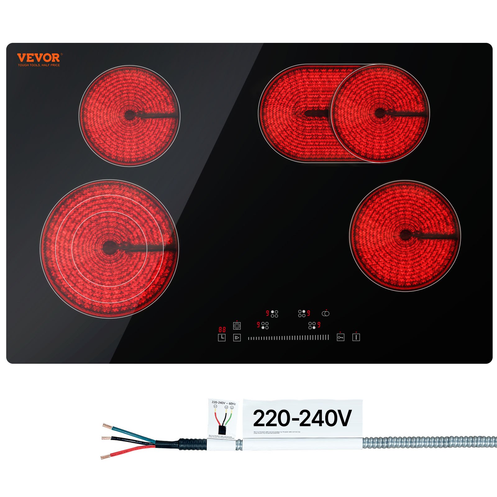 VEVOR Estufa eléctrica integrada, 30.3 x 20.5 pulgadas, 4 quemadores, estufa radiante de vidrio de 240 V con control táctil de sensor, temporizador y bloqueo para niños incluidos, 9 niveles de potencia para cocinar a fuego lento y freír