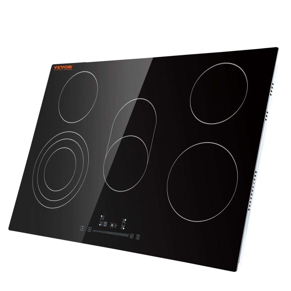 VEVOR Estufa eléctrica integrada, 30.3 x 20.5 pulgadas, 5 quemadores, estufa radiante de vidrio de 240 V con control táctil de sensor, temporizador y bloqueo para niños incluidos, 9 niveles de potencia para cocinar a fuego lento y freír