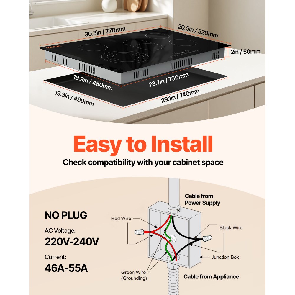 VEVOR Estufa eléctrica integrada, 30.3 x 20.5 pulgadas, 5 quemadores, estufa radiante de vidrio de 240 V con control táctil de sensor, temporizador y bloqueo para niños incluidos, 9 niveles de potencia para cocinar a fuego lento y freír