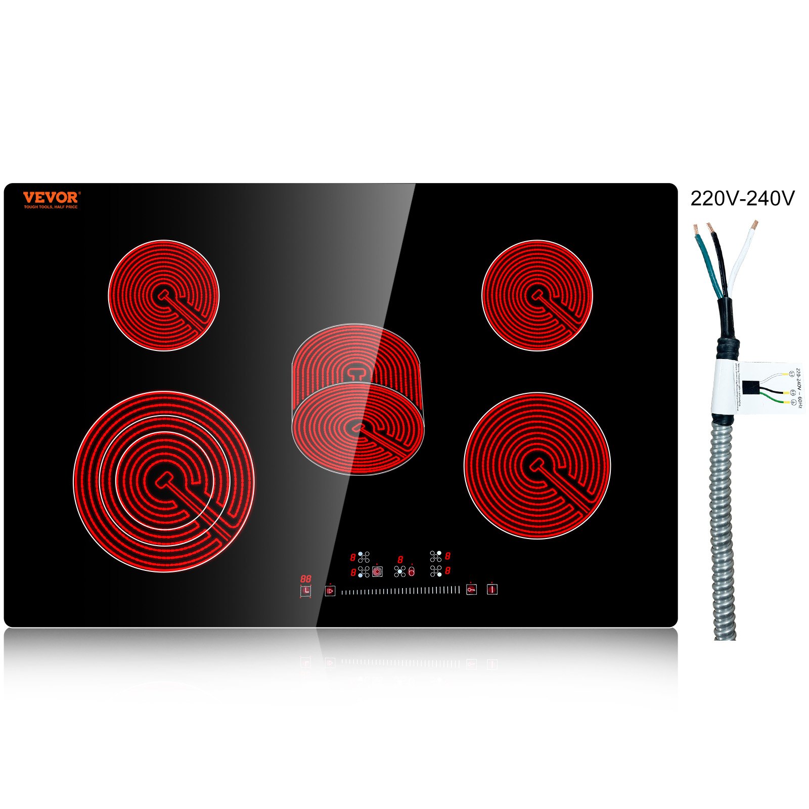 VEVOR Estufa eléctrica integrada, 30.3 x 20.5 pulgadas, 5 quemadores, estufa radiante de vidrio de 240 V con control táctil de sensor, temporizador y bloqueo para niños incluidos, 9 niveles de potencia para cocinar a fuego lento y freír