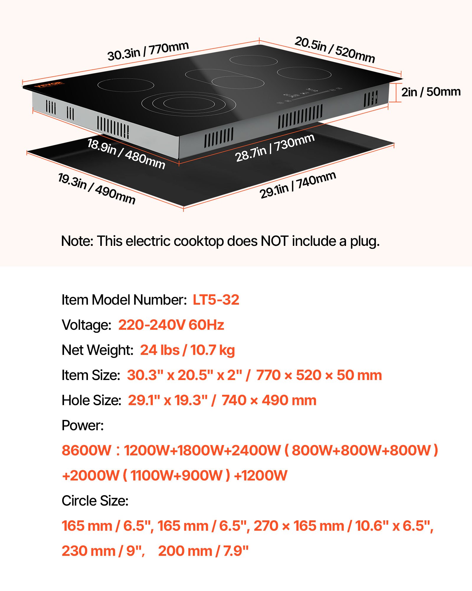 VEVOR Estufa eléctrica integrada, 30.3 x 20.5 pulgadas, 5 quemadores, estufa radiante de vidrio de 240 V con control táctil de sensor, temporizador y bloqueo para niños incluidos, 9 niveles de potencia para cocinar a fuego lento y freír