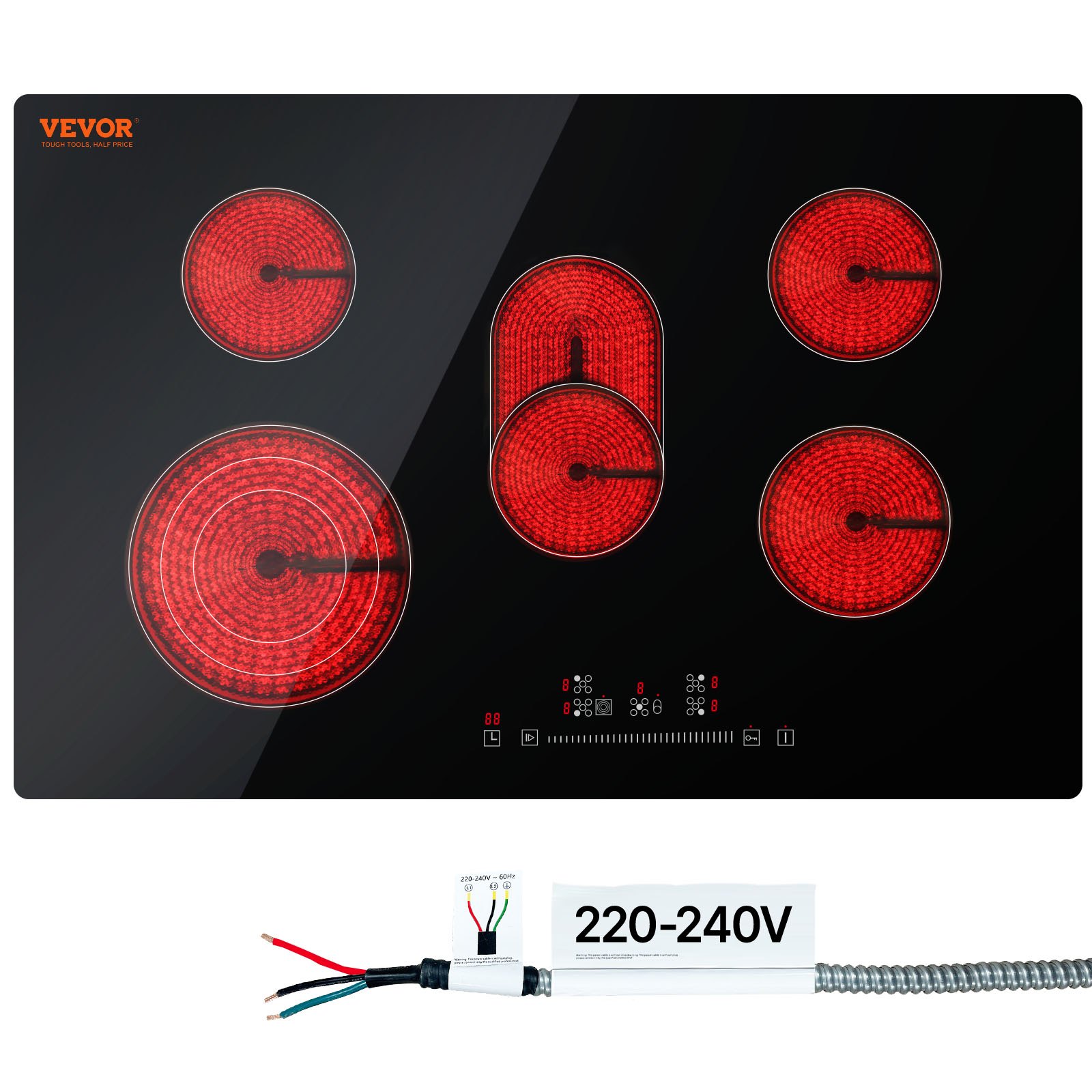 VEVOR Estufa eléctrica integrada, 30.3 x 20.5 pulgadas, 5 quemadores, estufa radiante de vidrio de 240 V con control táctil de sensor, temporizador y bloqueo para niños incluidos, 9 niveles de potencia para cocinar a fuego lento y freír