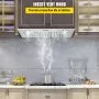 Campana extractora insertable VEVOR en cocina moderna sobre estufa con vapor, estantes y utensilios sobre salpicadero de mármol