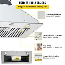 VEVOR Campana extractora de inserción, 800 CFM de 3 velocidades, ventilación de cocina integrada de acero inoxidable de 36 pulgadas con control de botón, luces LED, filtros deflectores, convertible co