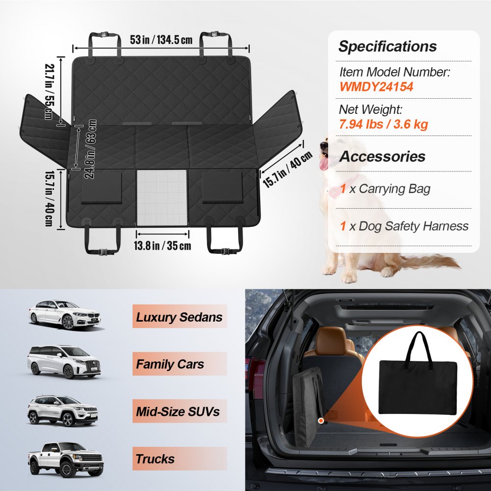 Extensor de asiento trasero VEVOR para perros, hamaca para el asiento trasero del coche, funda para asiento de coche con base rígida de 135 x 63 cm, soporta hasta 159 kg, con ventana de malla y bolsillo de almacenamiento para coche, SUV y camioneta.