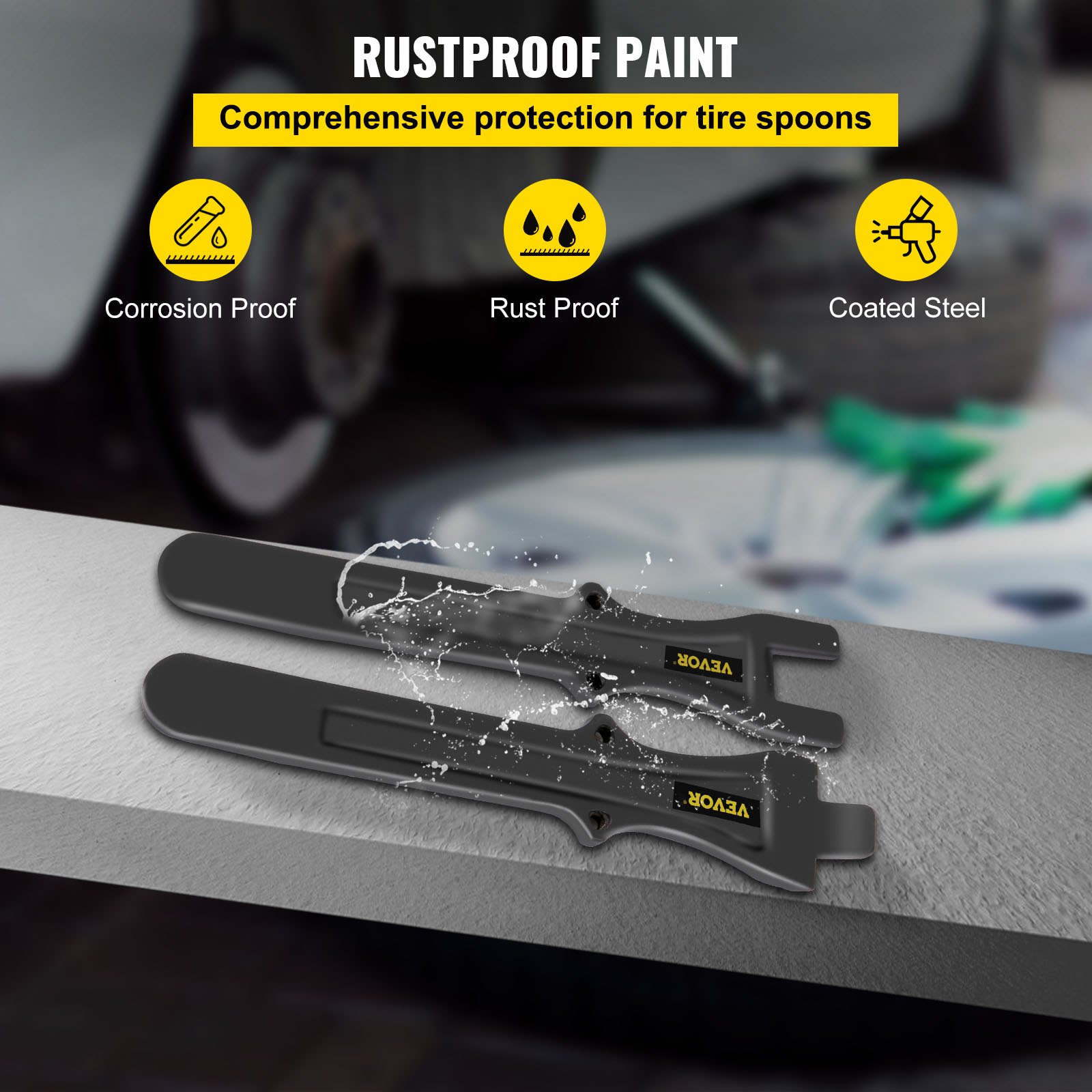 Herramienta para cambio de neumáticos VEVOR con pintura resistente a la corrosión y acero recubierto a prueba de óxido.