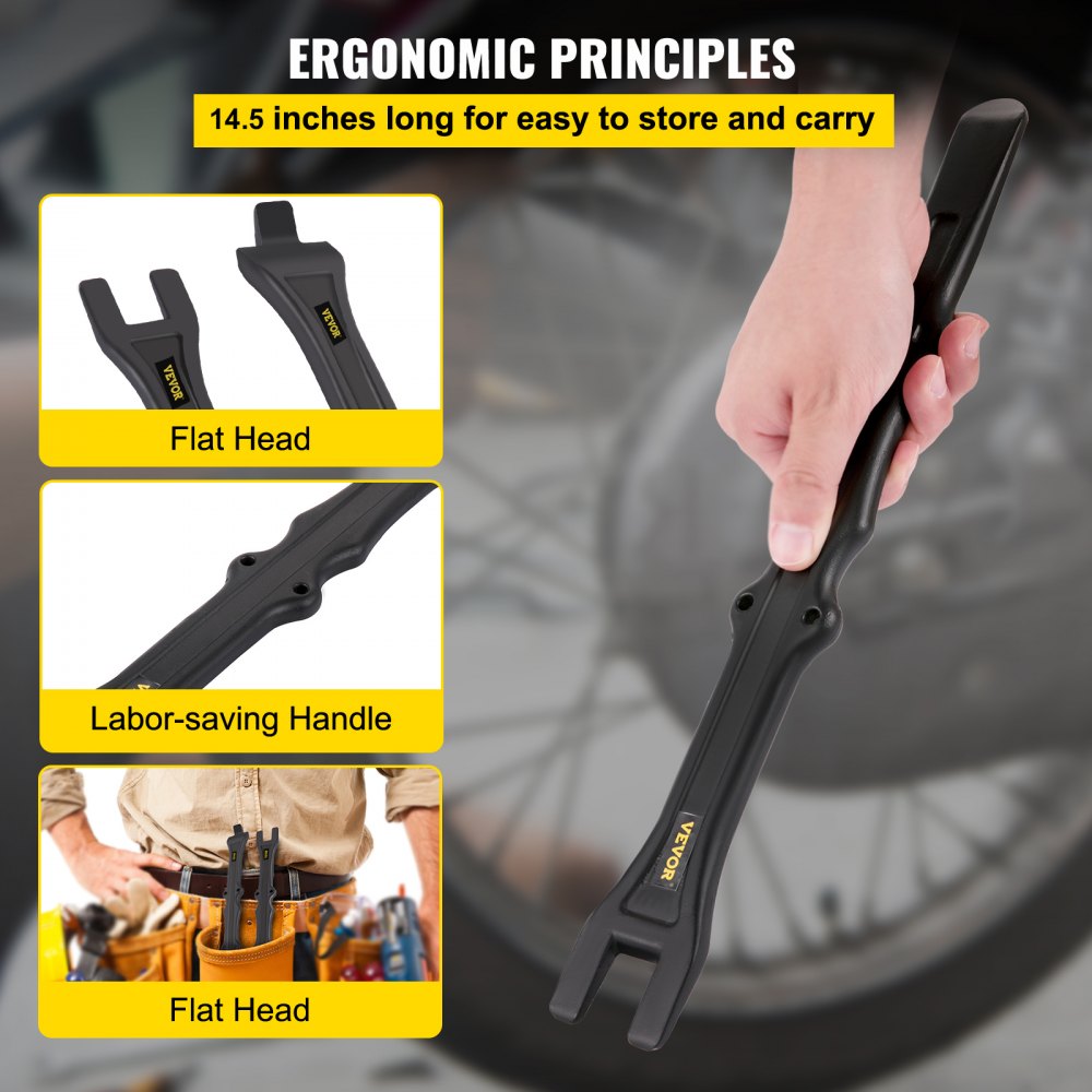 Juego de palanca para neumáticos VEVOR con mango ergonómico, diseño de cabeza plana y tamaño fácil de transportar.