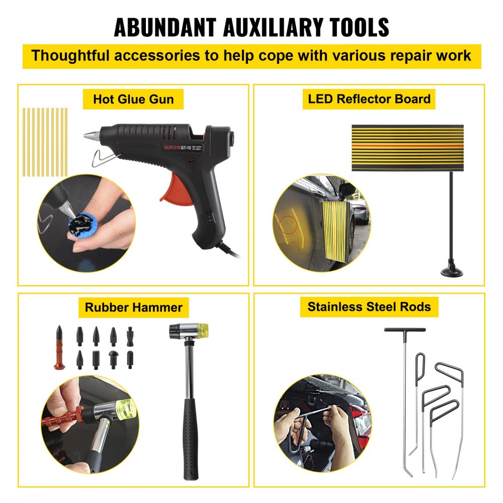 VEVOR Varillas de eliminación de abolladuras sin pintura, 68 piezas de herramientas de reparación de abolladuras sin pintura, 10 varillas de acero inoxidable, kit de reparación de abolladuras de coche, kit extractor de abolladuras de pegamento para eliminación automática de abolladuras, abolladuras menores, abolladuras de puerta