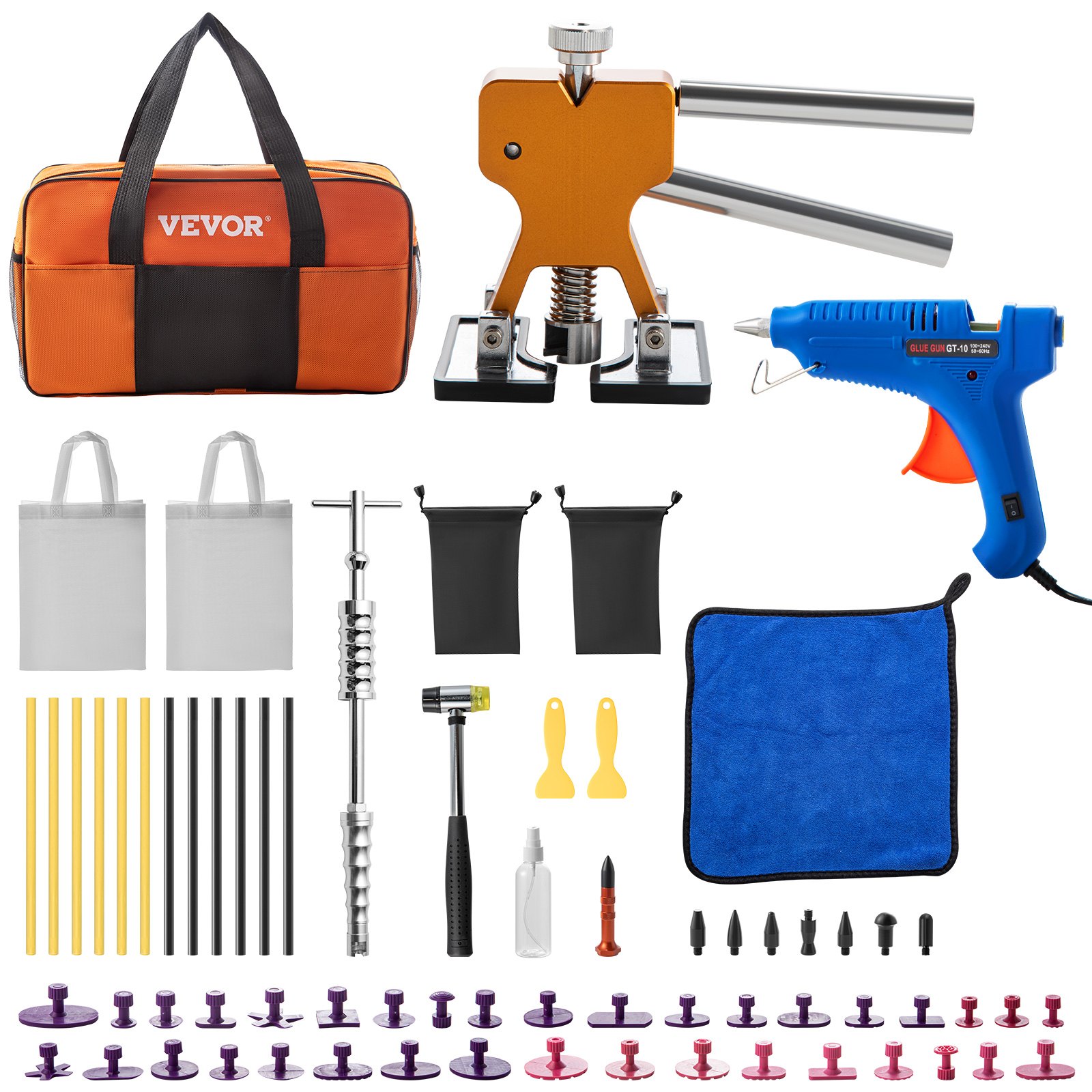 Herramienta de eliminación de abolladuras VEVOR, 69 piezas de herramientas de reparación de abolladuras sin pintura, kit de reparación de abolladuras de coche Golden Lifter, kit extractor de abolladuras con pestañas extractoras de pegamento para eliminación automática de abolladuras, abolladuras menores, abolladuras de puerta y daños por granizo