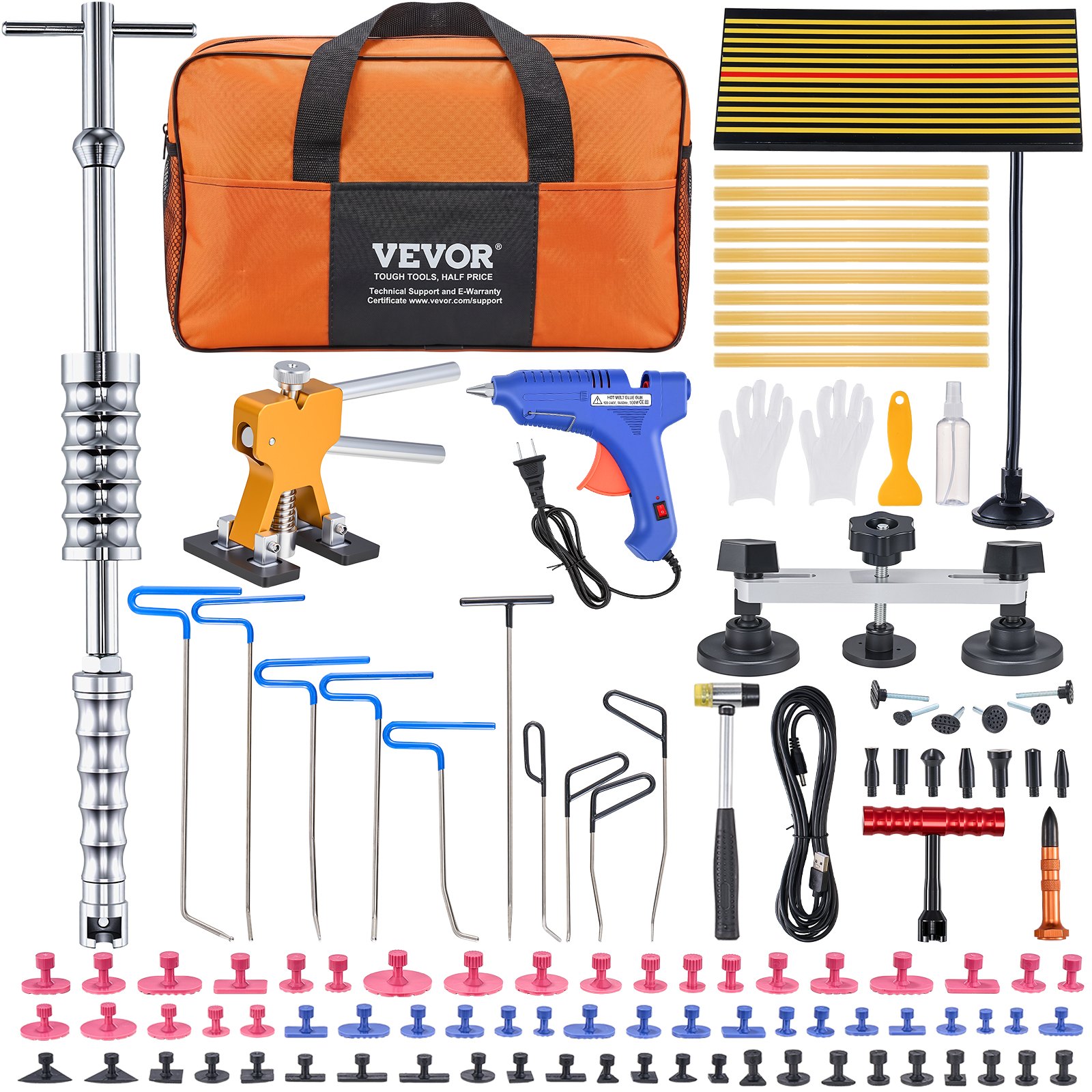 VEVOR Varillas de Eliminación de Abolladuras sin Pintura, 89 uds, con Extractor Dorado, Lengüetas Extractoras de Pegamento, para Eliminación de Abolladuras Automáticas, las Menores, las de Puertas