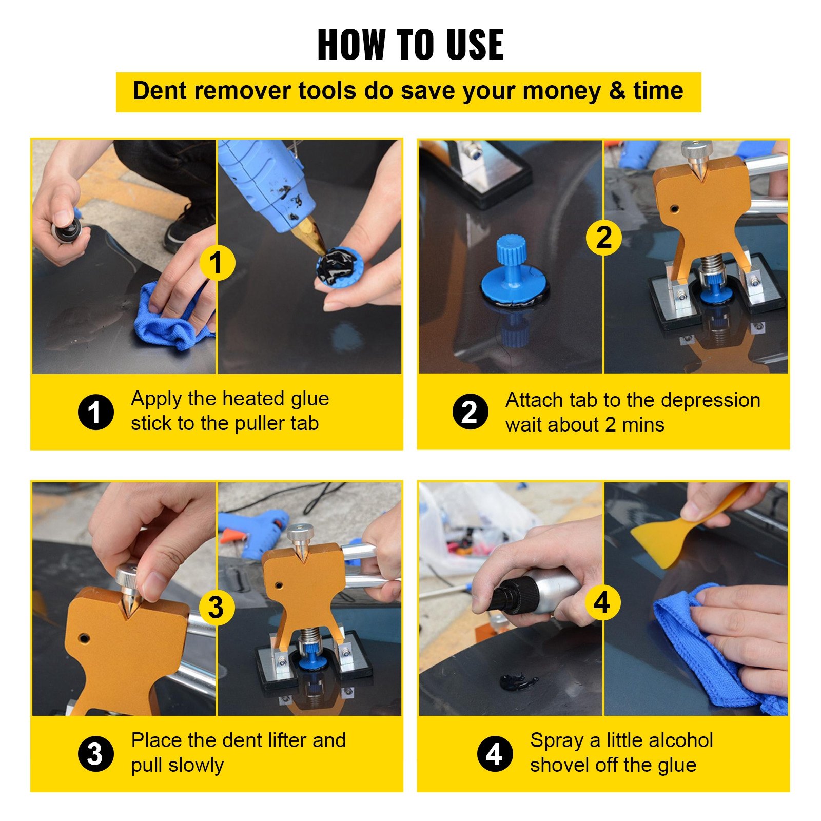 Instrucciones para utilizar la herramienta de eliminación de abolladuras VEVOR en cuatro pasos.