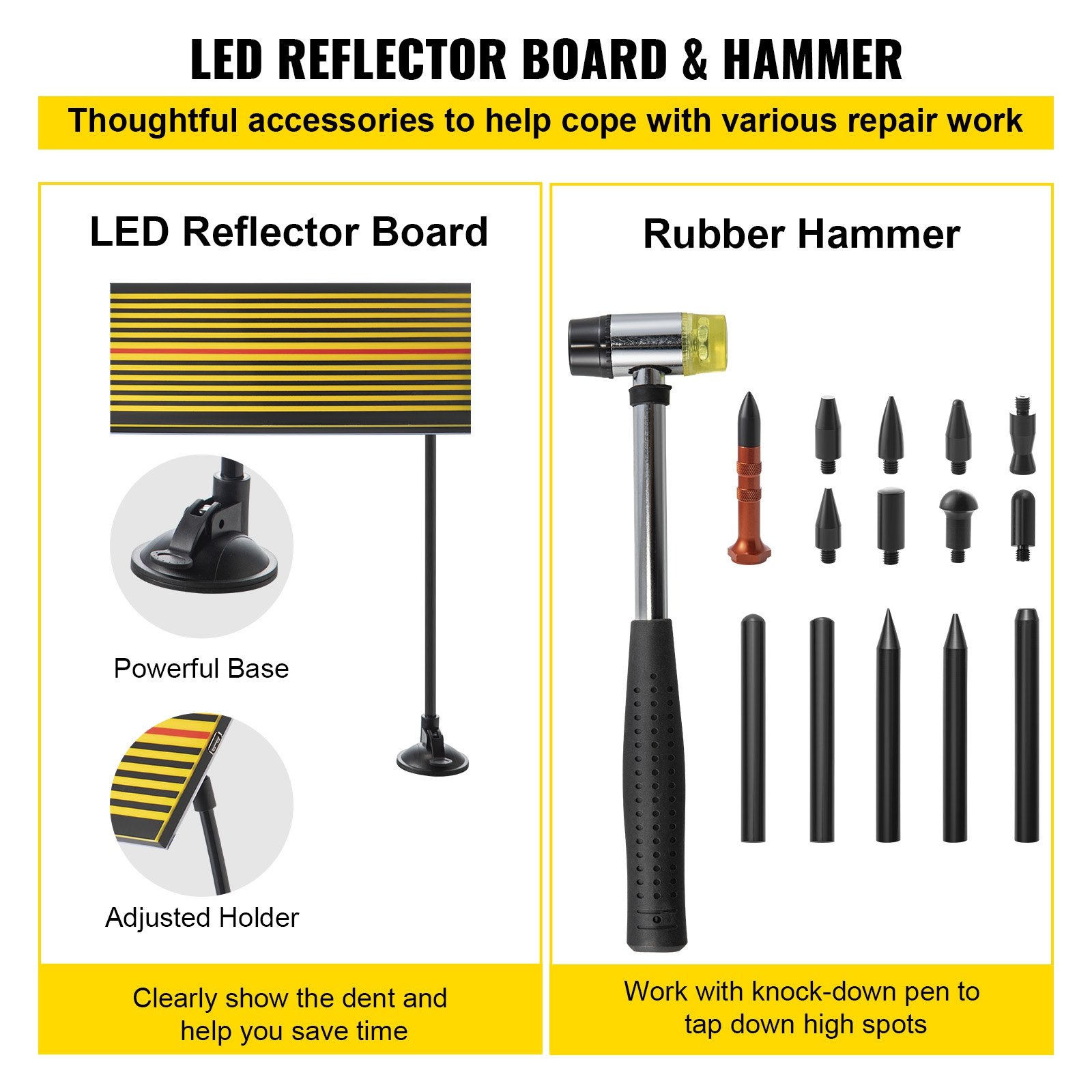 Juego de herramientas para eliminar abolladuras VEVOR con placa reflectora LED y martillo de goma.