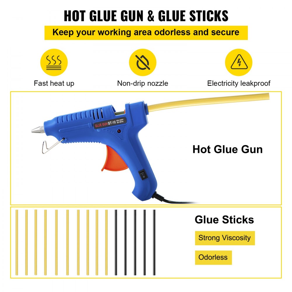 Pistola de pegamento caliente con barras de pegamento, calentamiento rápido, boquilla antigoteo, a prueba de fugas de electricidad.