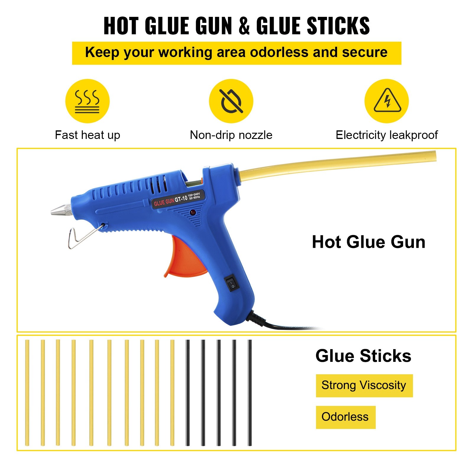 Pistola de pegamento caliente con barras de pegamento, calentamiento rápido, boquilla antigoteo, a prueba de fugas de electricidad.
