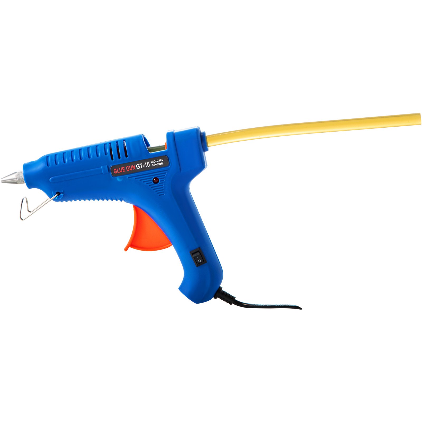 Pistola de pegamento azul con gatillo naranja y barra de pegamento amarilla para herramienta de eliminación de abolladuras VEVOR.