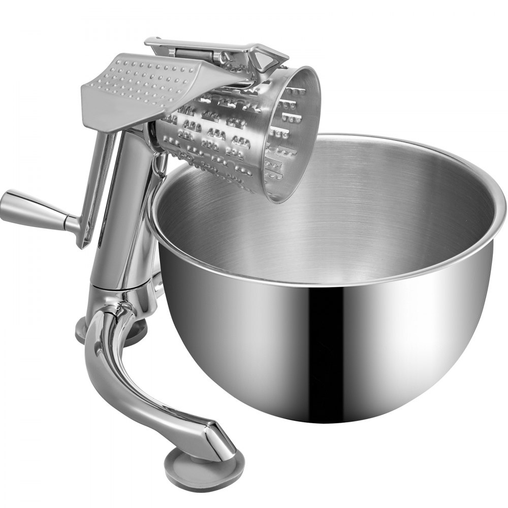 VEVOR Rallador rotatorio de queso, mandolina vegetal rotativa de aleación de zinc, mandolina manual de queso con 5 conos de corte de acero inoxidable, rallador manual de verduras con tazón de 2,5 L, trituradora rotativa con ventosa
