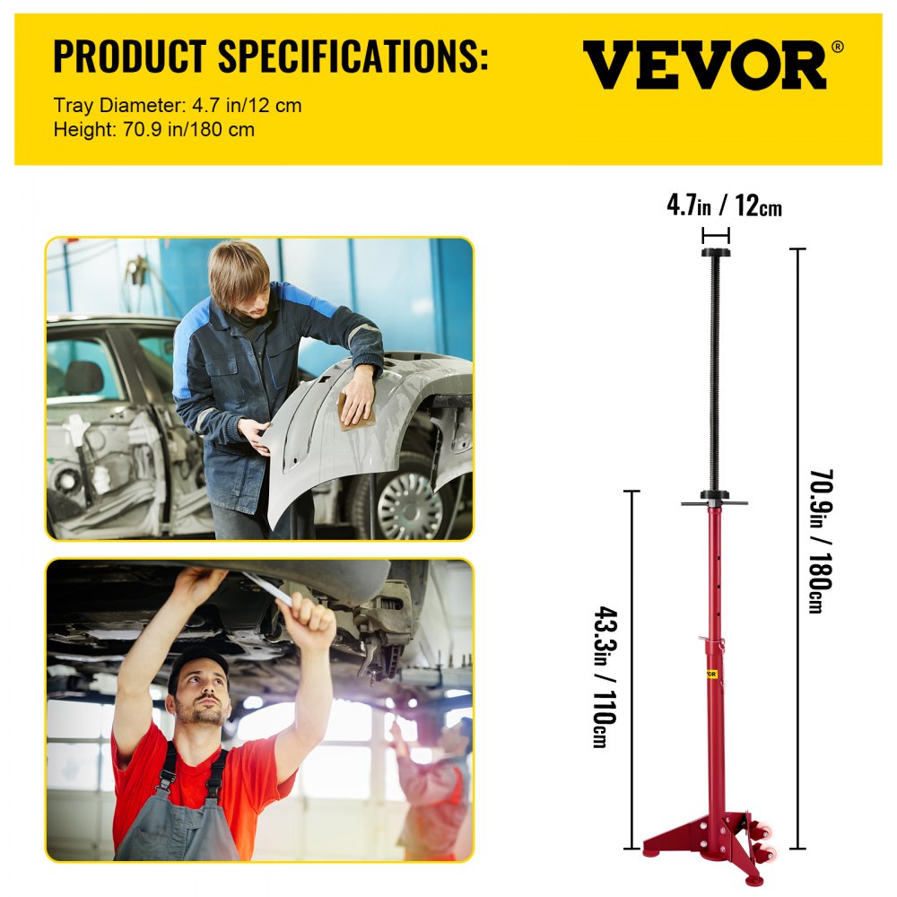 VEVOR Underhoist Stand 3/4 Ton Capacity Pole Jack Heavy Duty Jack Stand Car Support Jack Elevación de 1,1 m a 1,8 m, base triangular, dos ruedas, fácil ajuste, soporte automotriz, rojo