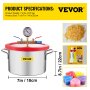 Cámara de vacío VEVOR con manómetro, dimensiones y ejemplos de uso (epoxi, resina, velas).