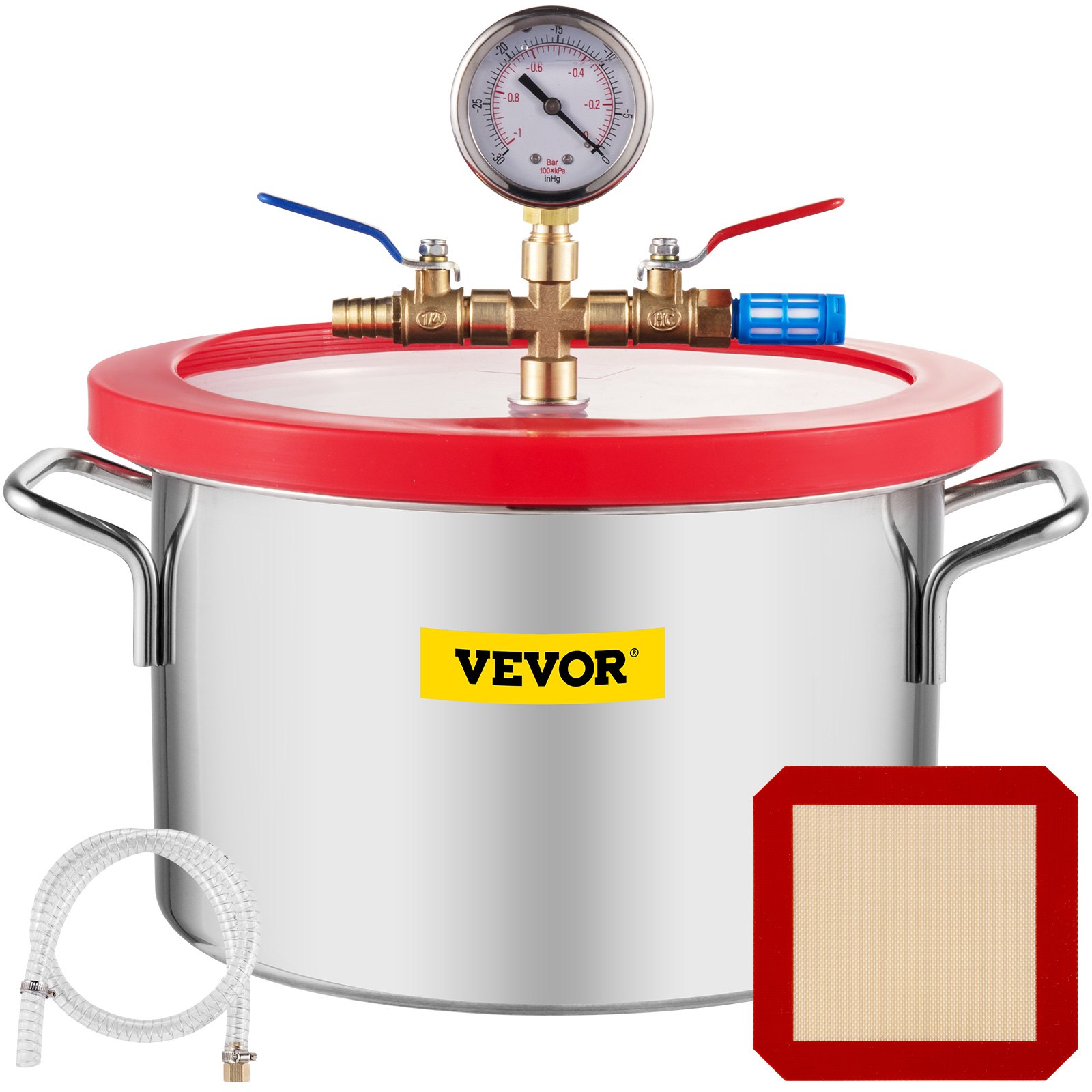 Cámara de vacío VEVOR con manómetro, tapa roja, asas plateadas y accesorios.
