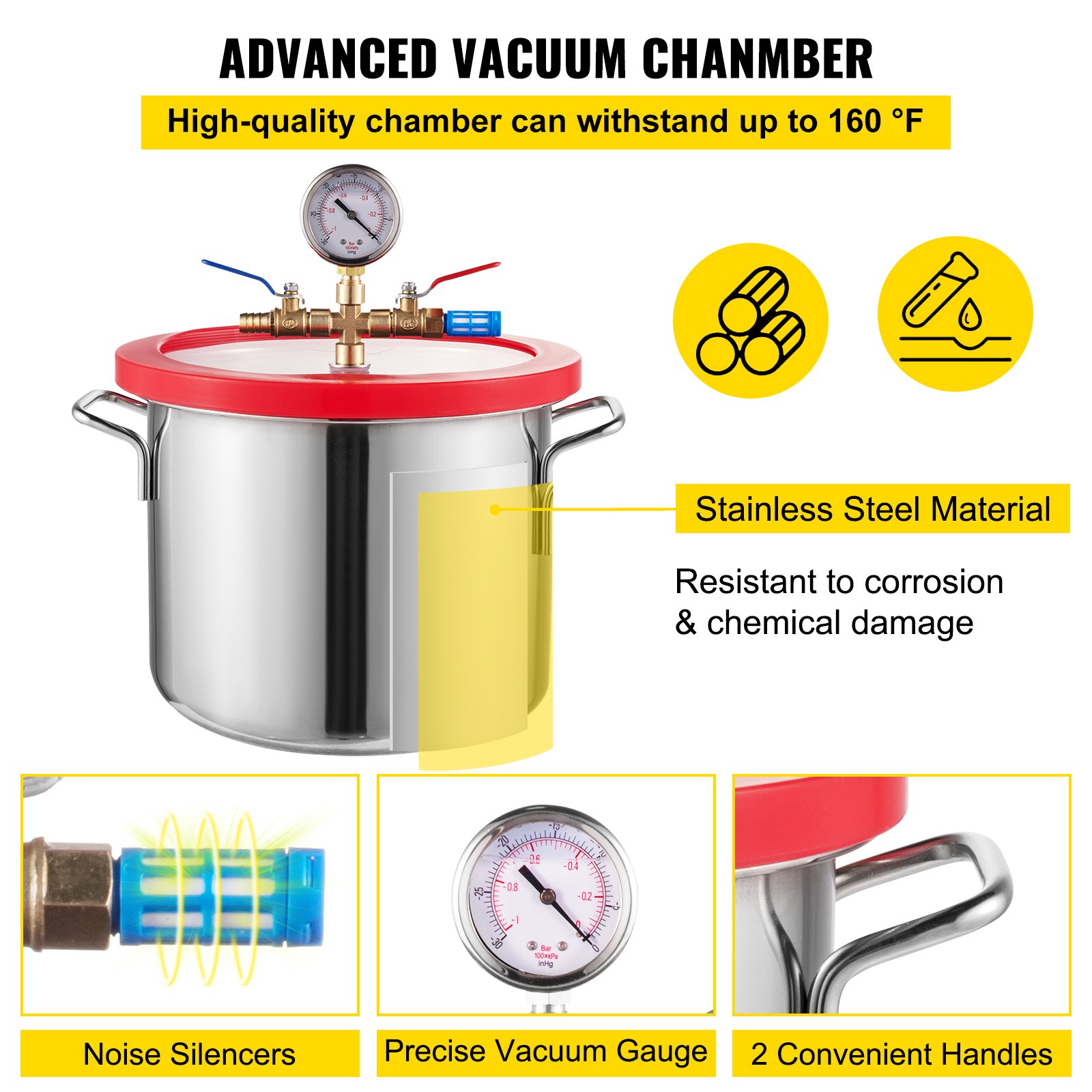 Cámara de vacío VEVOR con bomba, bomba de vacío de 3,6 CFM 1/4 HP con cámara de vacío de alta capacidad de 1,5 galones, kit de cámara de bomba de vacío, kit de cámara de desgasificación al vacío