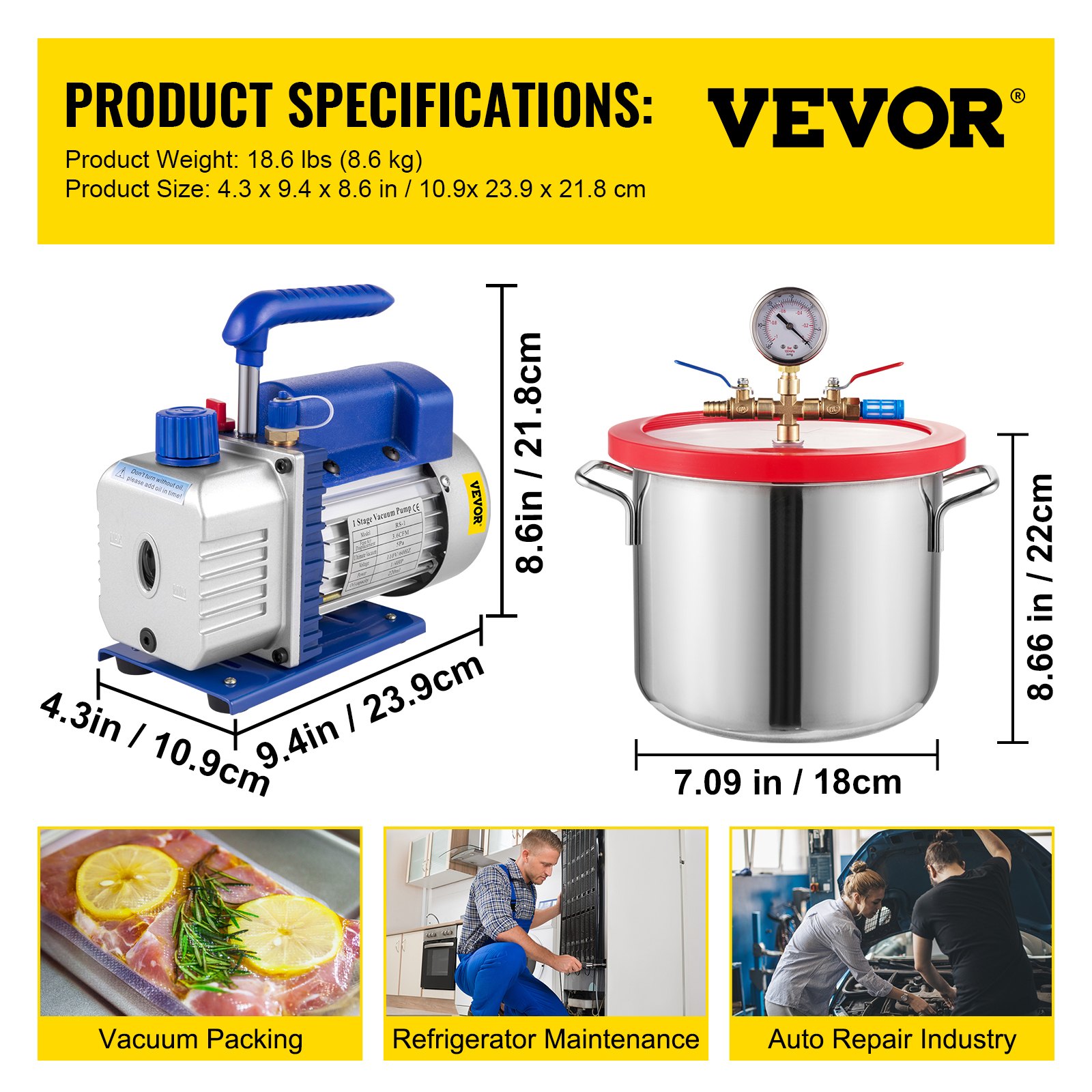 Cámara de vacío VEVOR con bomba, bomba de vacío de 3,6 CFM 1/4 HP con cámara de vacío de alta capacidad de 1,5 galones, kit de cámara de bomba de vacío, kit de cámara de desgasificación al vacío
