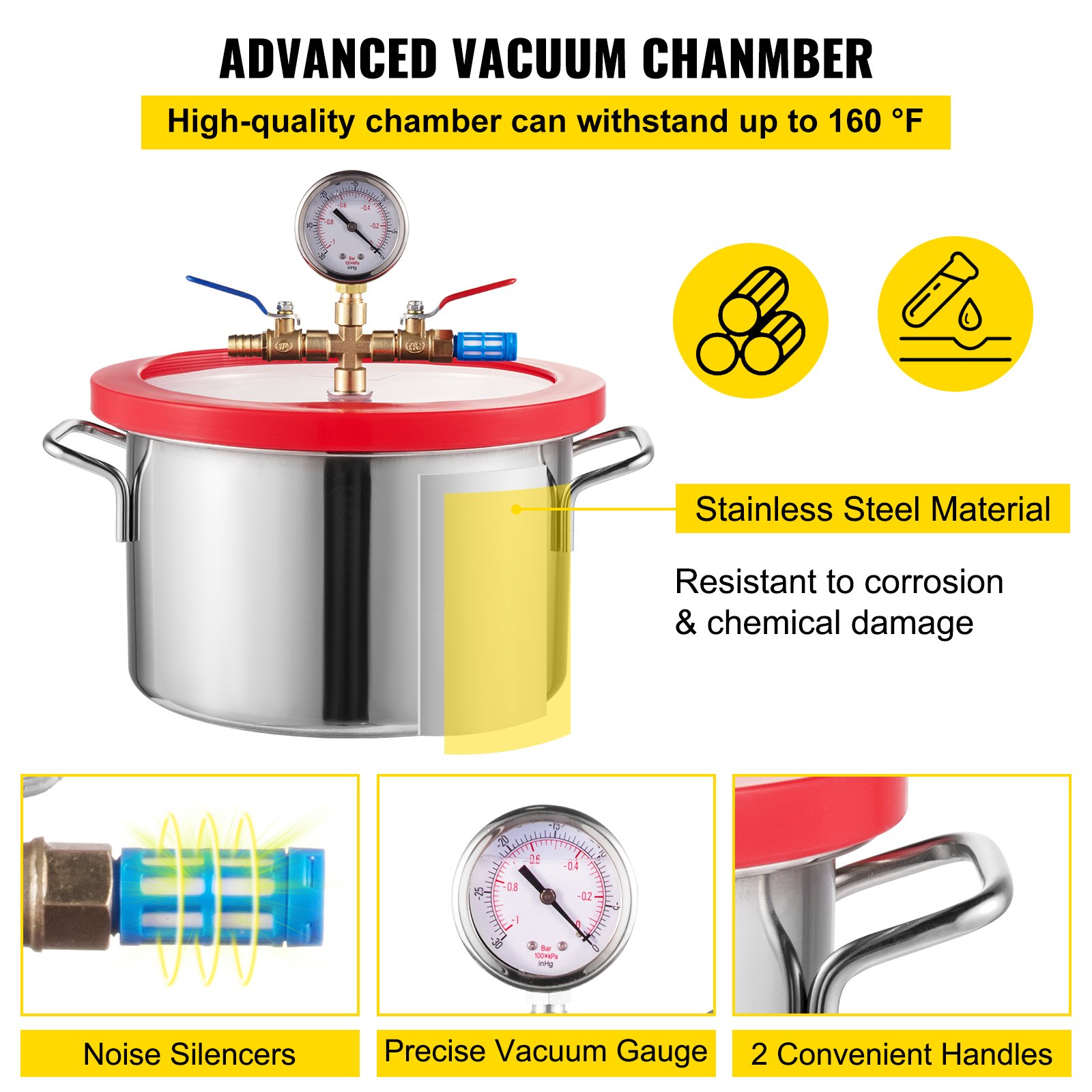 Cámara desgasificadora al vacío VEVOR, acero inoxidable, vacuómetro de precisión, silenciadores de ruido.