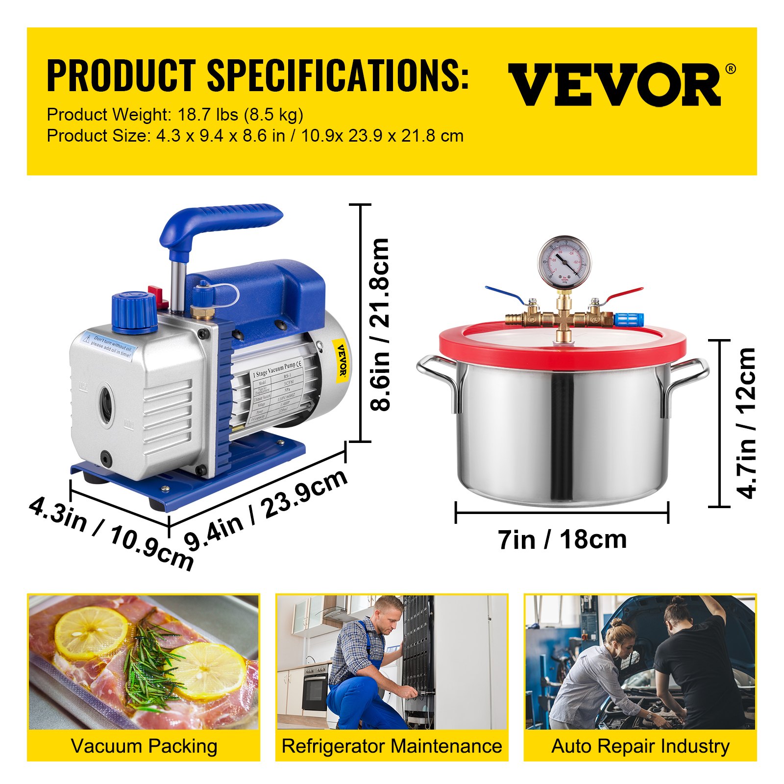 Cámara de desgasificación al vacío VEVOR: especificaciones, dimensiones de la bomba, mantenimiento del refrigerador