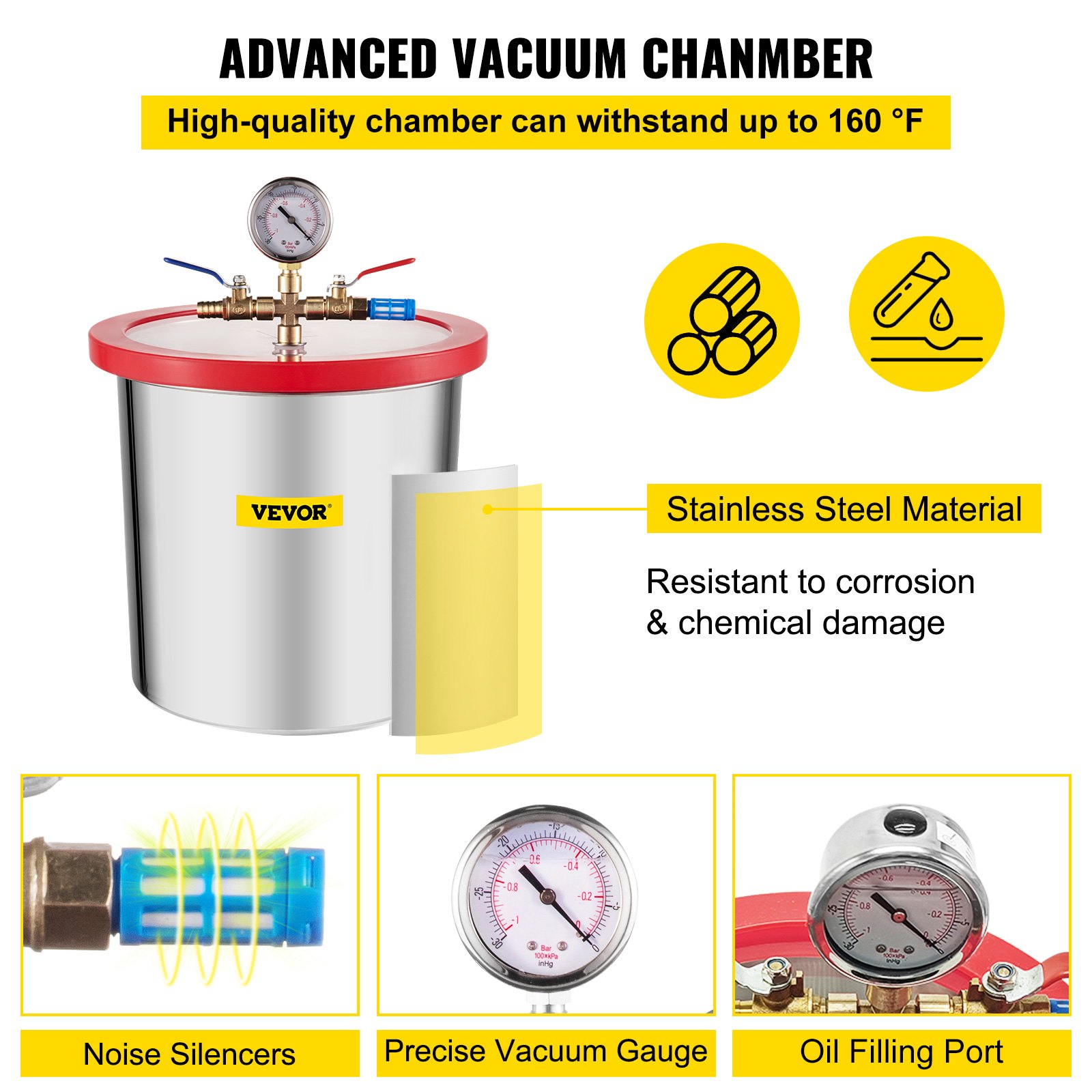 Kit de cámara de vacío VEVOR con material de acero inoxidable y medidor de vacío preciso.