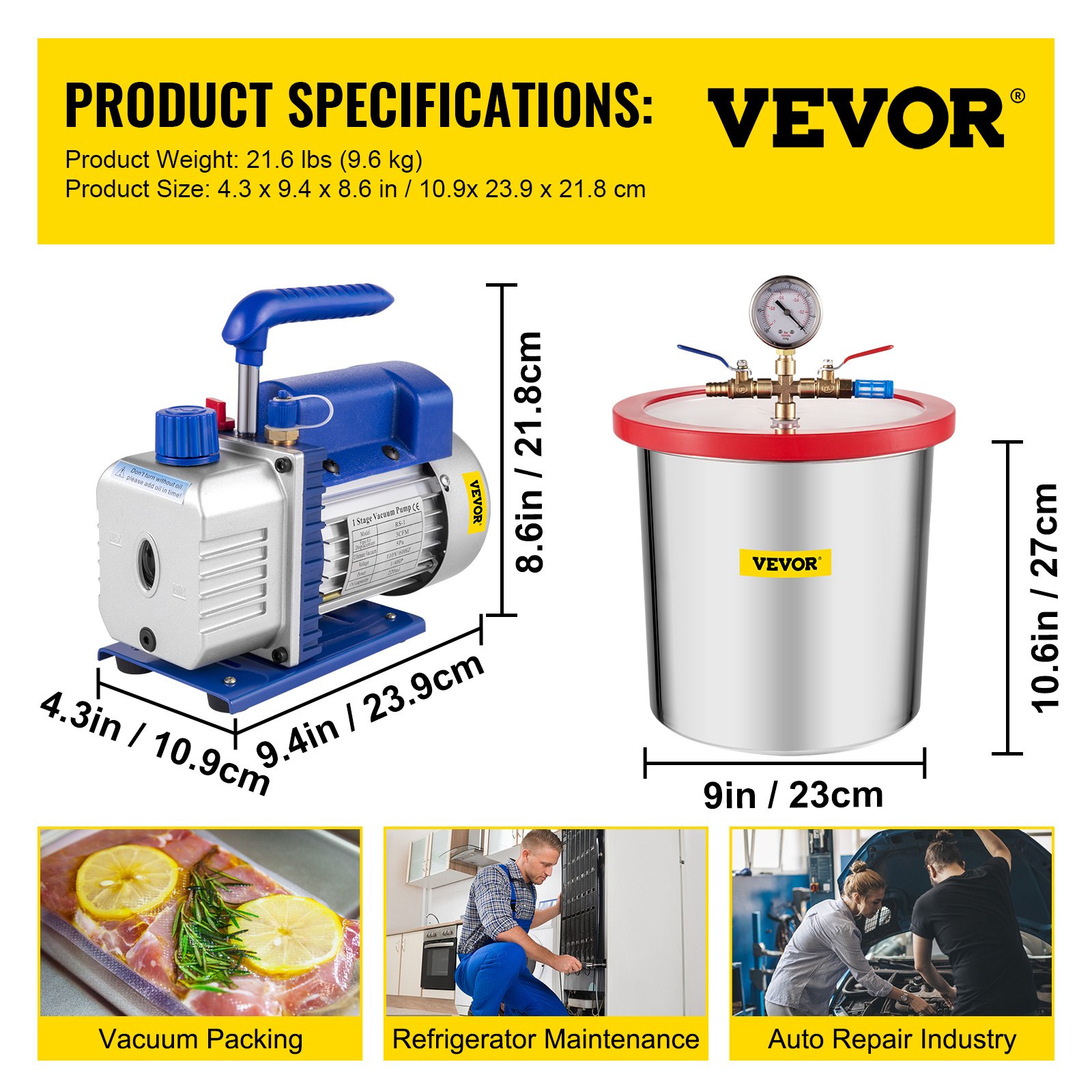 Kit de cámara de vacío VEVOR con bomba de vacío, especificaciones del producto y varios usos.