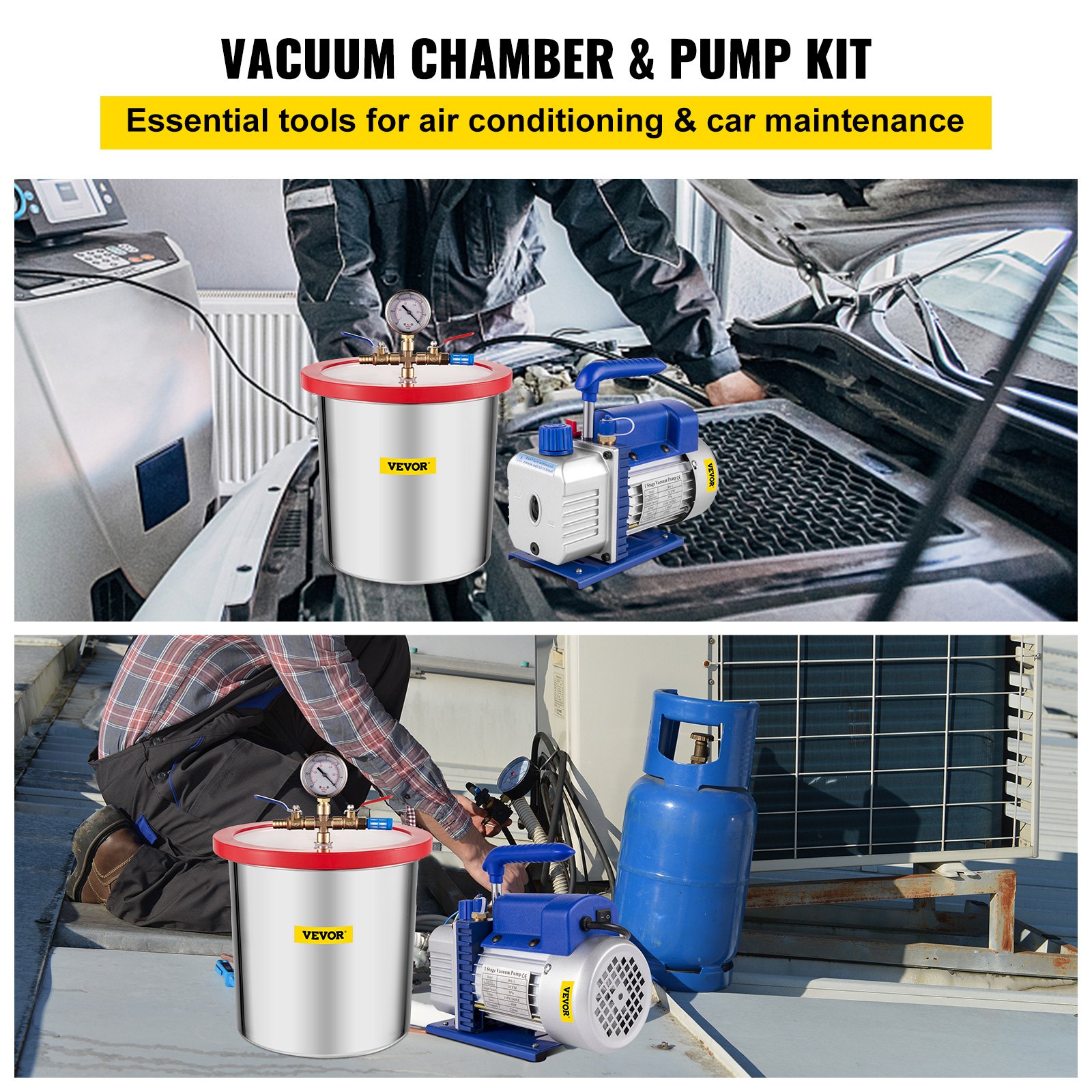 Bomba de vacío VEVOR de 3 CFM y 1/4 HP, con cámara de vacío y kit de desgasificación de vacío de acero inoxidable de una etapa de 3 galones, herramienta de refrigeración HVAC con bomba de vacío de aire