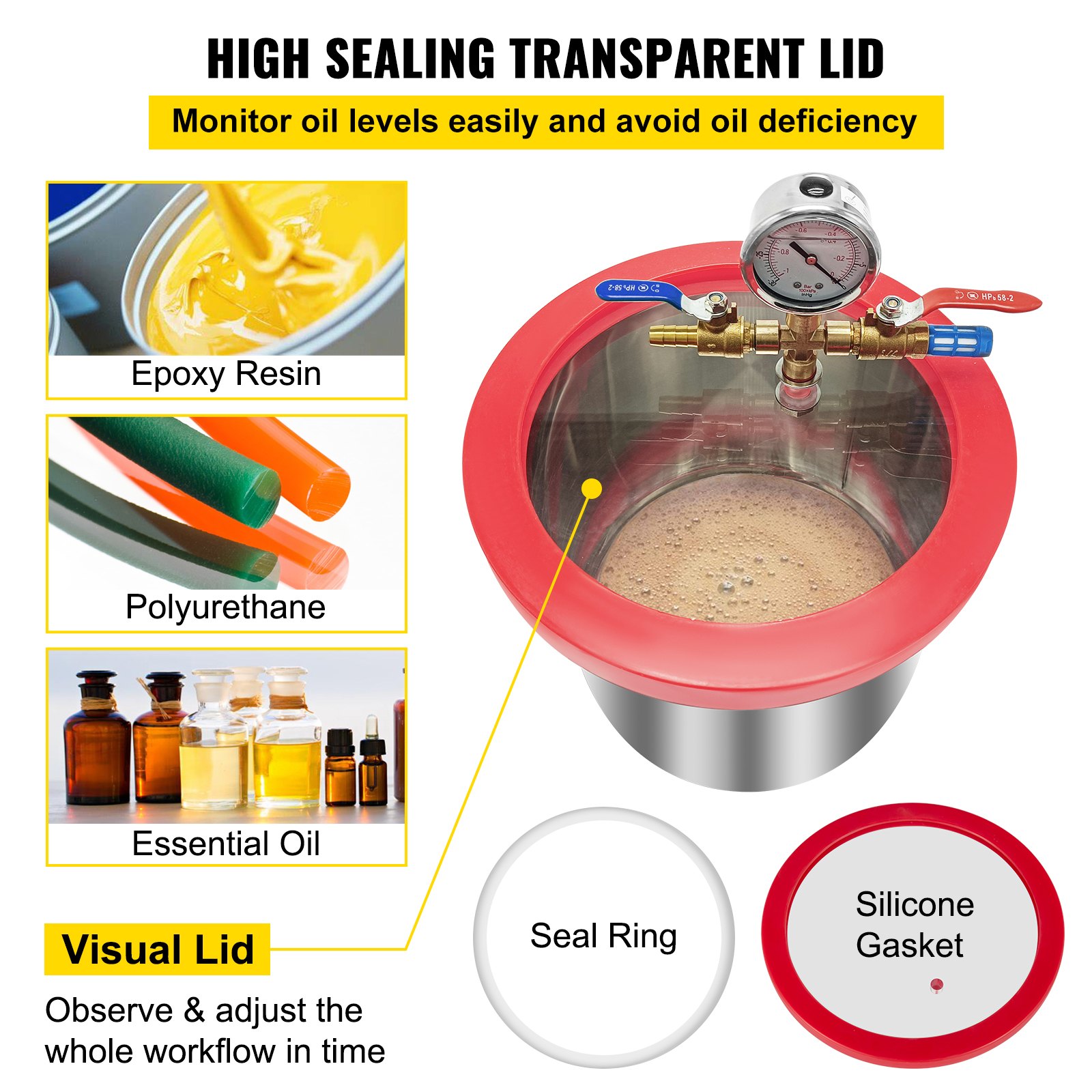 Cámara de vacío VEVOR con tapa transparente de alto sellado, indicador visual y junta de silicona.