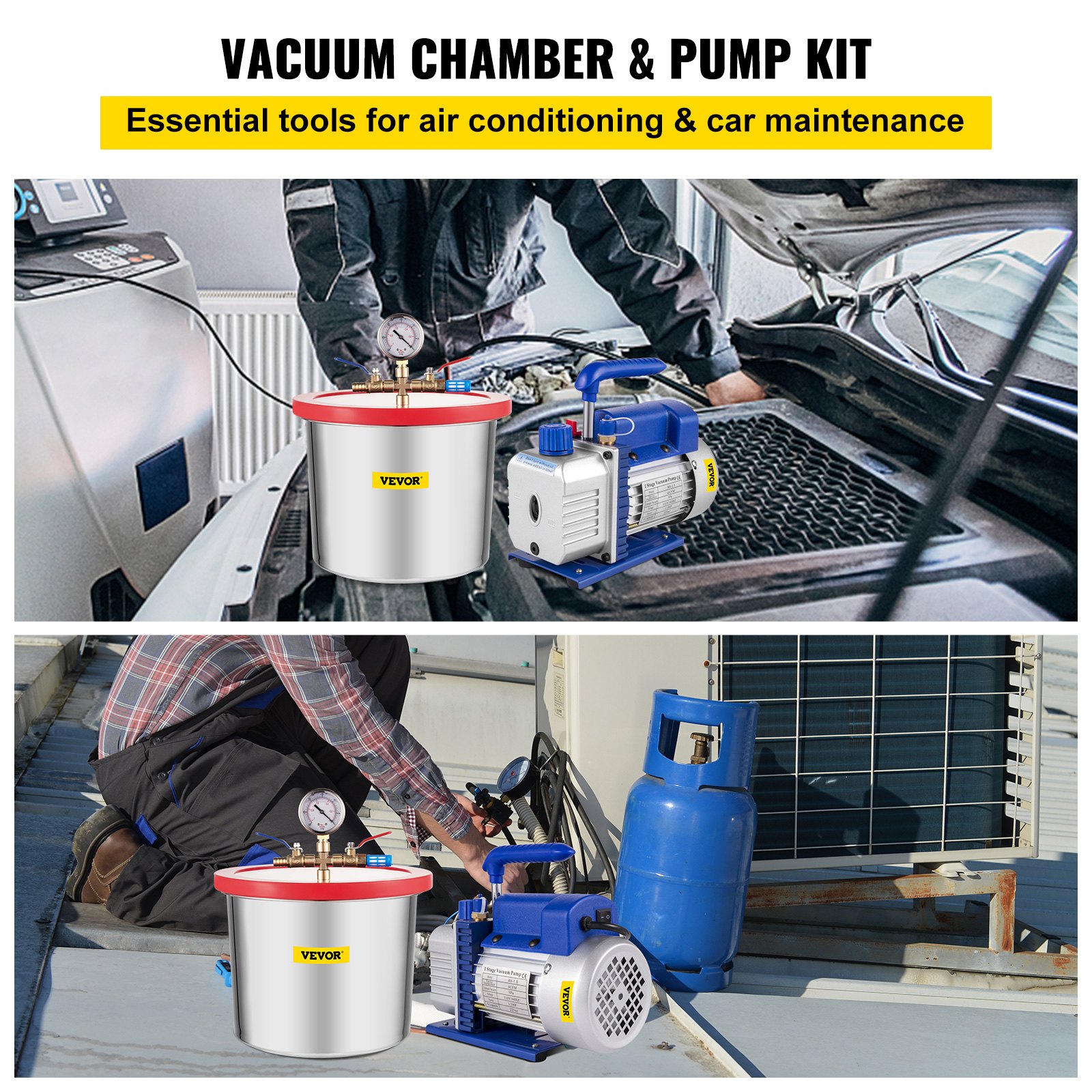 Kit de bomba y cámara de vacío VEVOR utilizado para mantenimiento de automóviles y aire acondicionado.