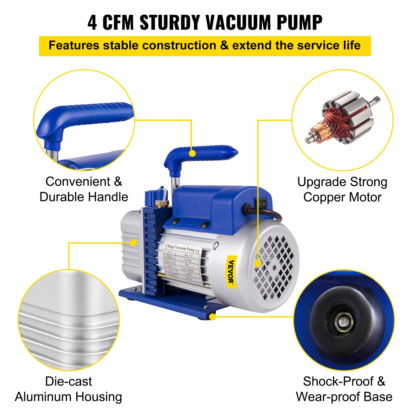 Bomba de vacío VEVOR con mango duradero, motor de cobre, carcasa de aluminio y base a prueba de golpes.