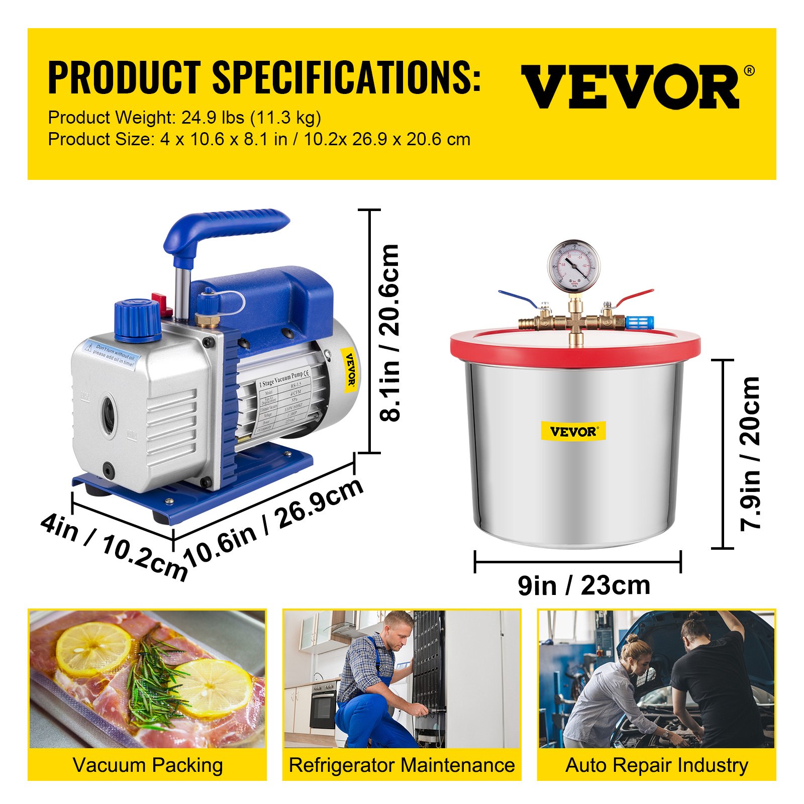 Bomba de vacío VEVOR con dimensiones, ideal para envasado al vacío, mantenimiento de frigoríficos, reparación de automóviles.