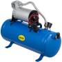 Compresor de aire de bocina de tren VEVOR 12v con tanque azul y compresor metálico.